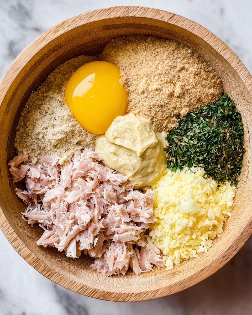 A light wooden bowl holds seven separate ingredients arranged in a circle, each visible as a distinct layer. At the top left is a bright yellow raw egg yolk with a bit of egg white. To its right, a tan powder occupies the next section. Moving clockwise, a dollop of creamy yellow mustard sits above a pile of shredded pink tuna. In the center-right, a small heap of finely chopped dark green herbs is placed on the tuna edges. The bottom area has pale yellow grated cheese beside a light yellow fluffy grated layer, possibly ginger or lemon zest. The bowl rests on a white marbled surface. photo taken with an iphone --ar 4:5 --v 7