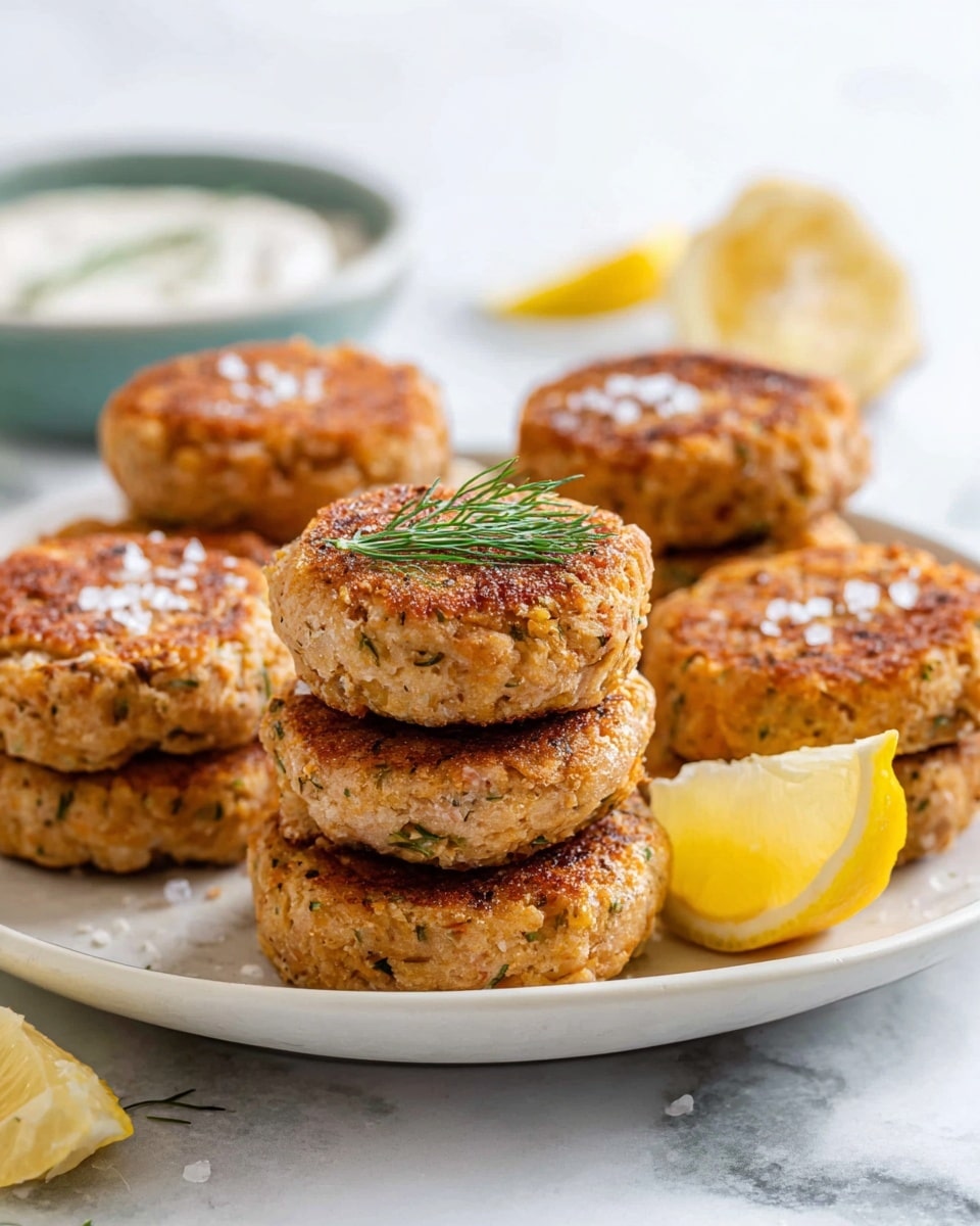 The image shows a white plate filled with a stack of round, golden brown patties with a crispy texture on top. The patties have a rough surface with visible bits of herbs and seasoning. They are arranged in a small pile with three patties stacked on each other on the right side, while the rest lay flat on the plate. Some coarse salt crystals are sprinkled on the patties. Bright yellow lemon wedges with a piece of green dill are placed in the middle of the patties, adding contrast. In the blurred background, there is a small bowl of creamy white sauce. The whole scene is set on a white marbled surface. photo taken with an iphone --ar 4:5 --v 7