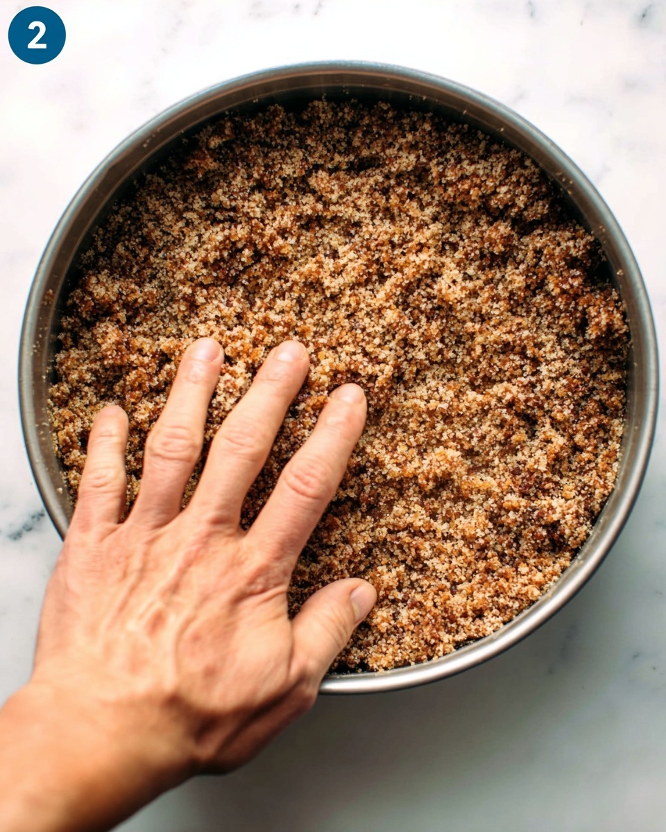 A close-up view of a round metal pan filled with a pressed, crumbly brown mixture that looks slightly rough and grainy in texture. In the lower left part of the pan, a woman's hand is gently pressing down on the mixture, which appears to be evenly spread across the pan. The background shows a white marbled surface, enhancing the colors and texture of the mixture within the pan. photo taken with an iphone --ar 4:5 --v 7