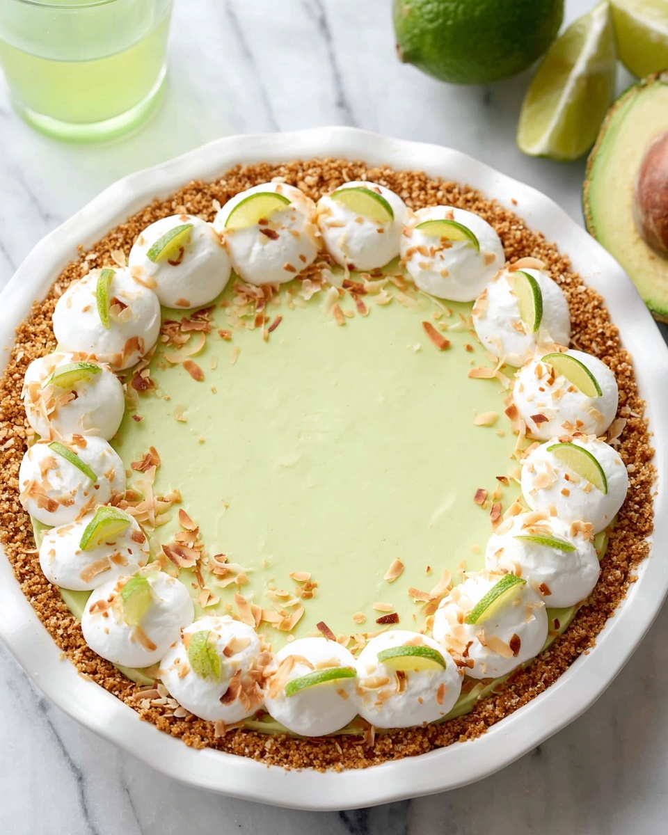 A white pie dish holds a three-layer dessert with a crumbly, light brown crust forming the bottom and sides. The middle layer is a smooth, light green filling, topped with evenly spaced dollops of white whipped cream along the edge. Each whipped cream dollop is decorated with a small green lime wedge and light brown toasted flakes scattered over them and the filling. The dish rests on a white marbled surface with half of an avocado, lime slice, and a glass of green liquid in the background. Photo taken with an iphone --ar 4:5 --v 7
