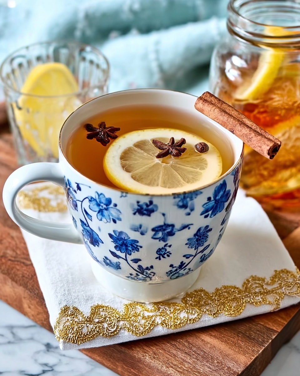 A white cup with a blue floral pattern is filled with light amber tea. Floating on top is a thin round yellow lemon slice with five dark cloves embedded in it, and a cinnamon stick leans inside the cup to the right. The cup sits on a white cloth napkin with gold lace trim, placed on a wooden surface. Nearby are a small clear glass with a lemon wedge and a glass jar with amber liquid inside, all set against a soft, pale blue fabric and a white marbled background. Photo taken with an iphone --ar 4:5 --v 7