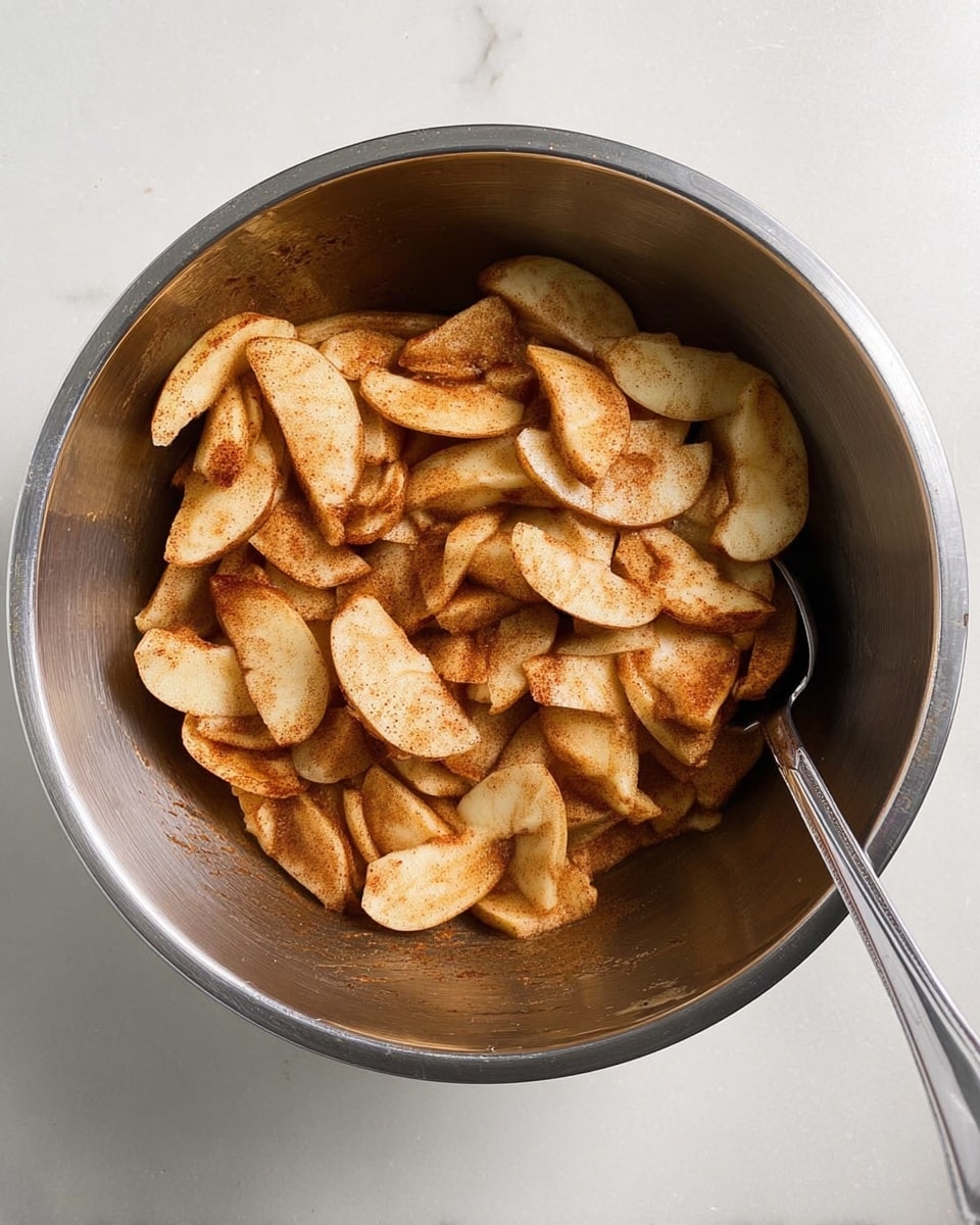 A top view of a large silver mixing bowl filled with thinly sliced apple pieces coated in a light brown cinnamon mixture, showing uneven shapes and sizes stacked loosely, with a silver spoon resting inside the bowl on the right side. The bowl sits on a white marbled surface, and the texture of the apples looks soft but not mushy, with a slightly glossy cinnamon coating. photo taken with an iphone --ar 4:5 --v 7