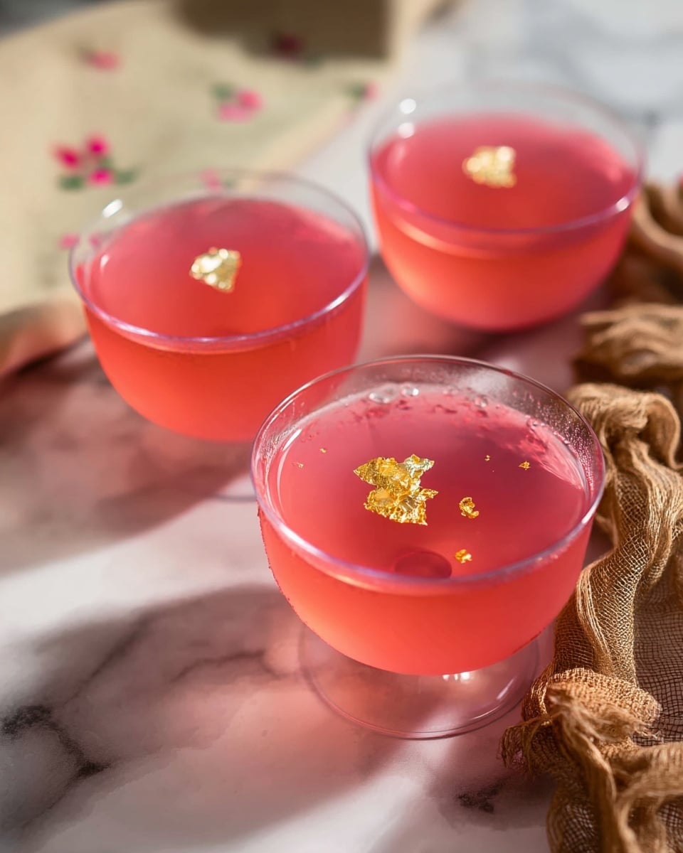 The image shows three clear glass cups filled with a pink translucent liquid, each topped with a small piece of gold leaf in the center. The cups are arranged in a diagonal line on a white marbled surface. Around the cups, there is a beige cloth with small red flower patterns on the left and a loose, brown textured fabric on the right. The light shines softly on the glasses, highlighting their smooth, curved shapes and the bright color of the drink. photo taken with an iphone --ar 4:5 --v 7