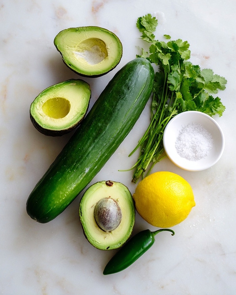 The image shows fresh ingredients arranged on a white marbled surface, including one whole long cucumber, two avocado halves with one showing the seed, a whole bright yellow lemon, a green jalapeño pepper, a small bunch of fresh green cilantro, and a small white bowl filled with coarse salt. The colors range from dark green to bright yellow with the textures varying from smooth cucumber skin to the rough outer avocado skin and leafy cilantro. Photo taken with an iphone --ar 4:5 --v 7