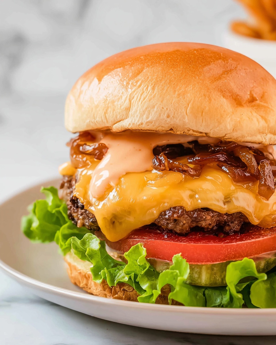 Juicy Bison Burgers Recipe 5 This image shows a close-up of a cheeseburger with five layers. The bottom layer is bright green lettuce with a fresh, leafy texture. Above the lettuce, there is a thick, cooked beef patty with a brown, charred surface. On top of the patty, a melted, shiny yellow cheddar cheese layer oozes slightly over the edges. Above the cheese, there are caramelized onion pieces with a glossy, deep brown look. Next is a red tomato slice partly covered by a light pink creamy sauce that drips down the side. The top layer is a soft, light brown burger bun with a smooth, slightly cracked surface. All layers sit on a white plate placed on a white marbled surface. Photo taken with an iphone --ar 4:5 --v 7