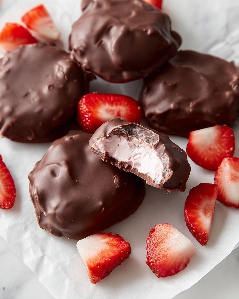 The image shows several round chocolate-covered treats placed on white parchment paper on a white marbled surface. Each treat has a smooth, shiny dark brown chocolate coating with uneven, slightly bumpy textures. One treat is broken open, revealing a light pink, creamy filling inside. Around the treats, there are fresh strawberry slices and small diced pieces, showing bright red and white inner colors and green leaves. Photo taken with an iphone --ar 4:5 --v 7