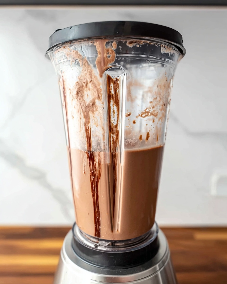 A close-up image of a blender cup filled halfway with a smooth light brown mixture that looks chocolatey. The inside walls of the clear blender cup are streaked with darker brown sauce running down from the top. The blender base is shiny silver with a black collar holding the cup. The blender is placed on a wooden counter with a white marbled texture background behind it. photo taken with an iphone --ar 4:5 --v 7