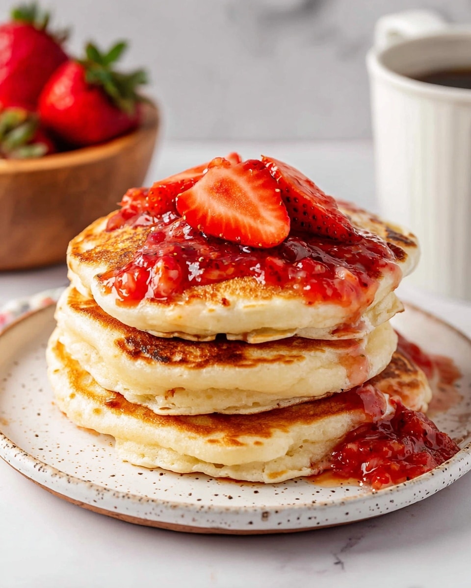 A stack of four thick, fluffy pancakes sits on a white speckled plate, each pancake showing a light golden-brown top with small air pockets visible on the sides. Bright red strawberry sauce is spread unevenly over the top pancake, with chunks of strawberries mixing in, and three halved strawberries placed on top as a finishing touch. The plate rests on a white marbled surface, with a blurred white mug and a wooden bowl filled with strawberries in the background. Photo taken with an iphone --ar 4:5 --v 7
