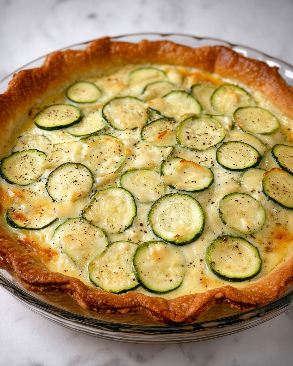A round quiche sits in a clear glass dish showing its golden brown crust, thick and slightly puffed at the edges. Inside, a creamy pale yellow filling is topped with thin, round green zucchini slices scattered evenly on the surface. The zucchini slices are cooked soft, with light browning and sprinkles of black pepper on top. The crust looks flaky and crispy, holding the smooth filling inside. The dish is set against a white marbled surface. Photo taken with an iphone --ar 4:5 --v 7