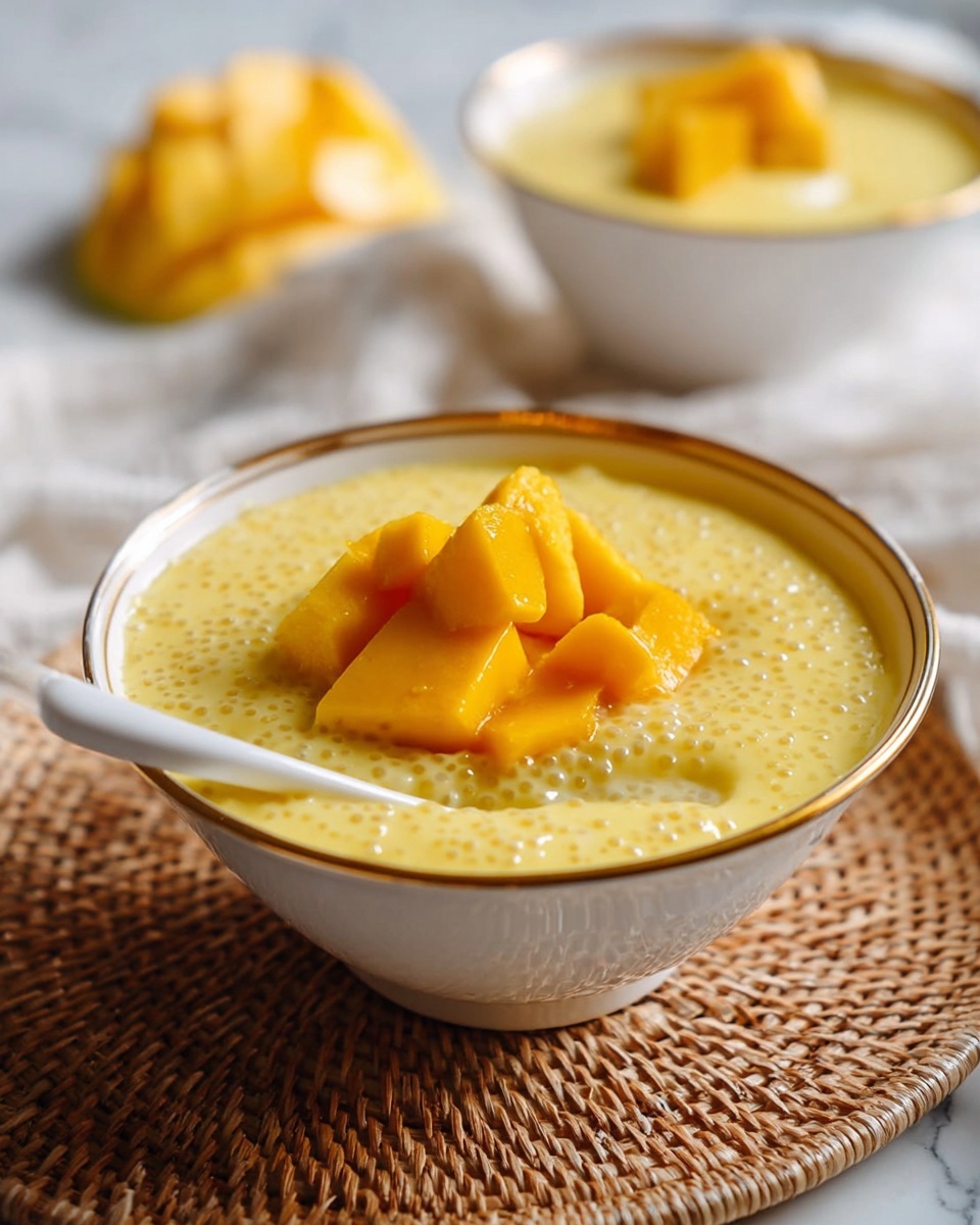 The image shows a dessert in a white bowl with a gold rim, filled with a thick, creamy yellow pudding with small tapioca pearls mixed in, giving it a bumpy texture. On top, there are several chunks of bright orange mango pieces piled neatly in the center. A white spoon rests on the left edge inside the bowl, slightly sunk into the pudding. The bowl sits on a brown woven mat over a white marbled surface with soft natural light highlighting the glossy texture of the pudding and juicy mango. Another similar bowl, softly out of focus, is in the background. Photo taken with an iphone --ar 4:5 --v 7