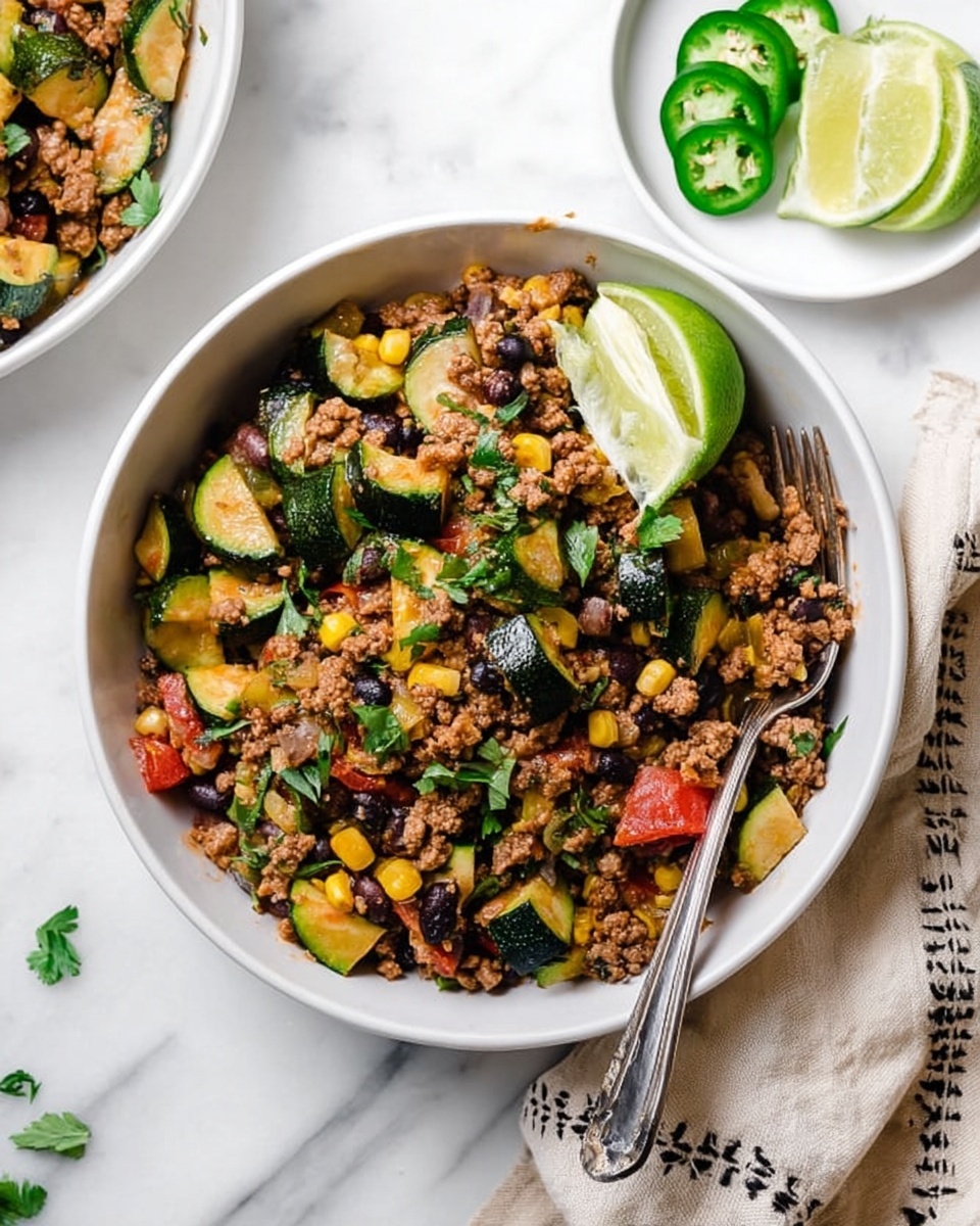 A white bowl filled with a colorful mix of cooked ground meat, green zucchini pieces with dark green skin, small bright yellow corn kernels, black beans, and small red tomato chunks, garnished with fresh green parsley leaves on top. A silver fork rests inside the bowl, partially lifting some of the food. A lime wedge with pale green and yellow tones sits inside the bowl on the right side. The bowl is placed on a white marbled surface, with a small white plate holding lime wedges and sliced green jalapeños nearby, and a beige cloth with black patterns is partially visible on the lower right. photo taken with an iphone --ar 4:5 --v 7