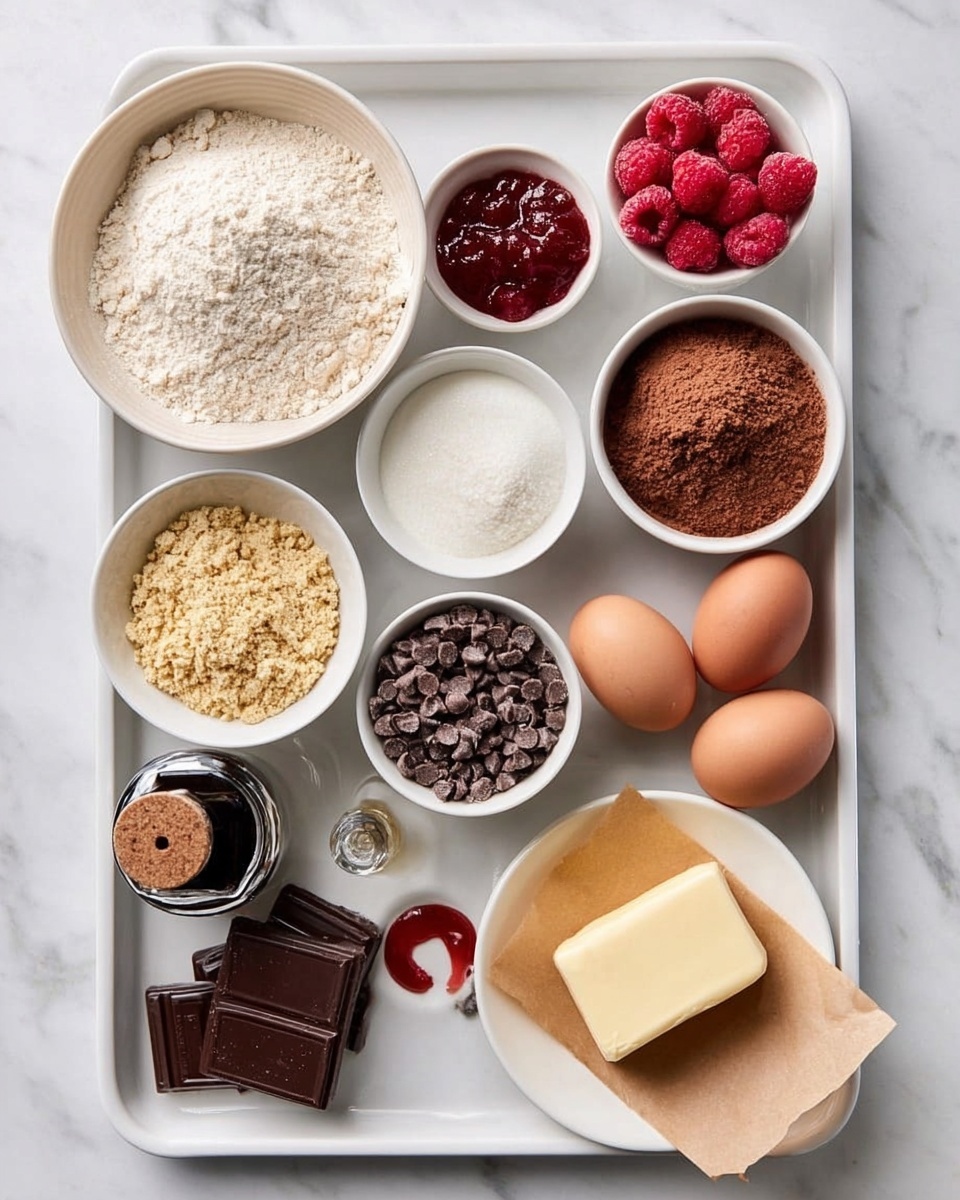 A white tray holds multiple small white bowls arranged neatly, each filled with different ingredients; one large bowl in the center contains two halves of powder, light beige flour on the left and brown cocoa powder on the right, side by side. Around it, smaller white bowls hold reddish frozen raspberries, smooth white yogurt, breadcrumbs with a grainy light brown texture, small round chocolate chips, and chopped dark chocolate pieces. A white plate contains two whole brown eggs on the right side, near a small square of pale yellow butter resting on brown parchment paper. A small bottle with dark liquid and a tiny dollop of red jam complete the spread. The setup is over a white marbled surface. Photo taken with an iphone --ar 4:5 --v 7
