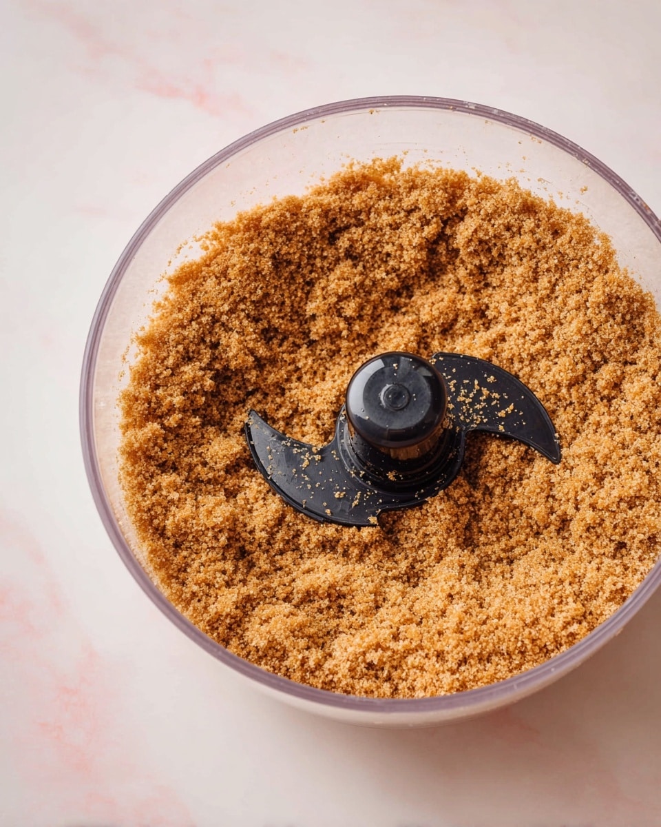 A clear bowl filled with an even layer of fine brown crumb mixture, showing a soft, powdery texture with tiny uniform granules, surrounding a black plastic food processor blade in the center. The bowl sits on a white marbled surface with soft pink veins glowing underneath. The mixture is spread evenly to fill most of the bowl's bottom, appearing slightly rough but dry, with some crumbs sticking on the blade. Photo taken with an iphone --ar 4:5 --v 7