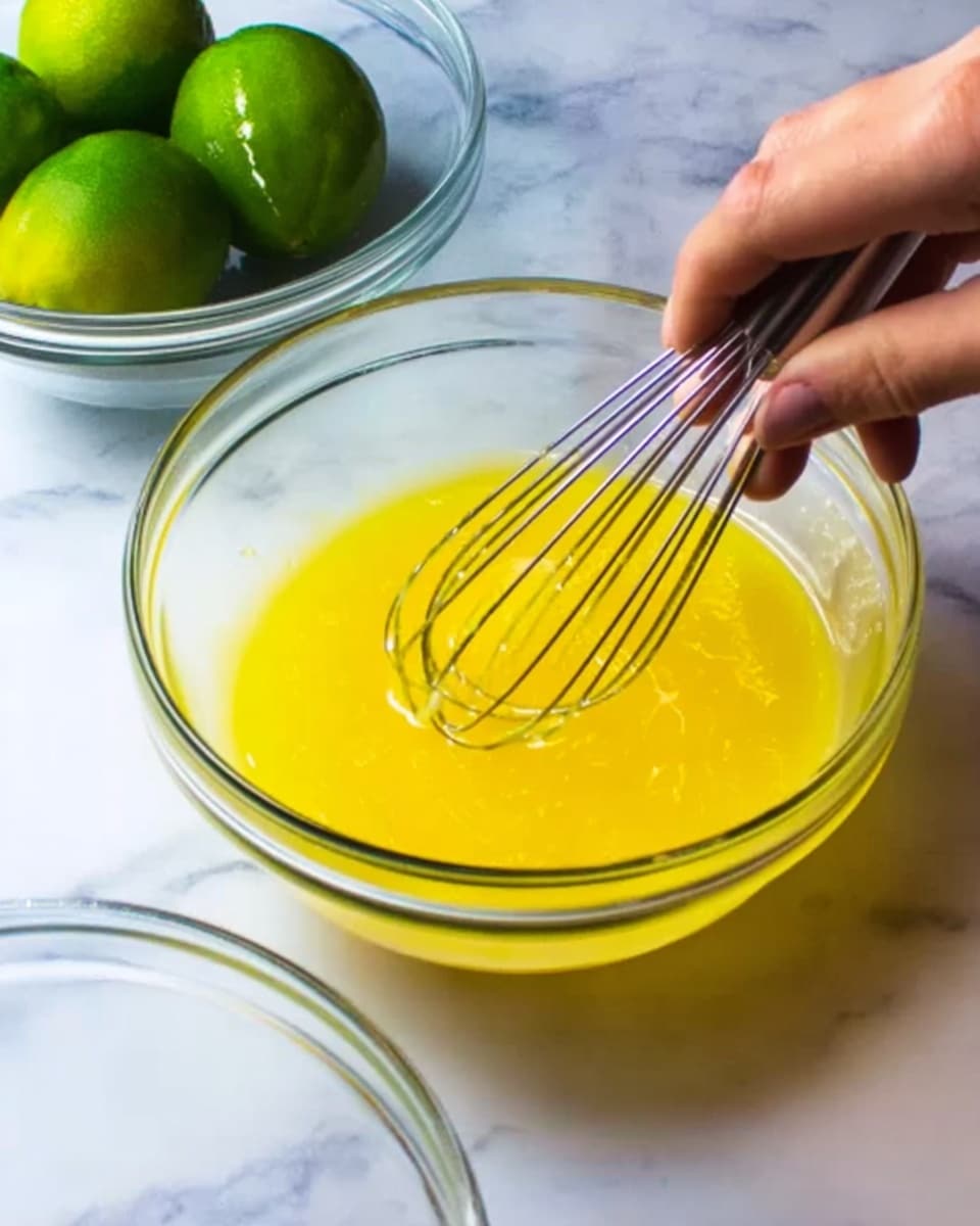 A woman's hand is holding a clear glass bowl filled with a bright yellow liquid, possibly melted butter or egg mixture, while using a whisk to mix it. The bowl sits on a white marbled surface, and there is another clear glass bowl partially visible nearby. In the background, several green limes add a pop of color to the scene. The lighting highlights the glossy texture of the liquid inside the bowl. Photo taken with an iphone --ar 4:5 --v 7