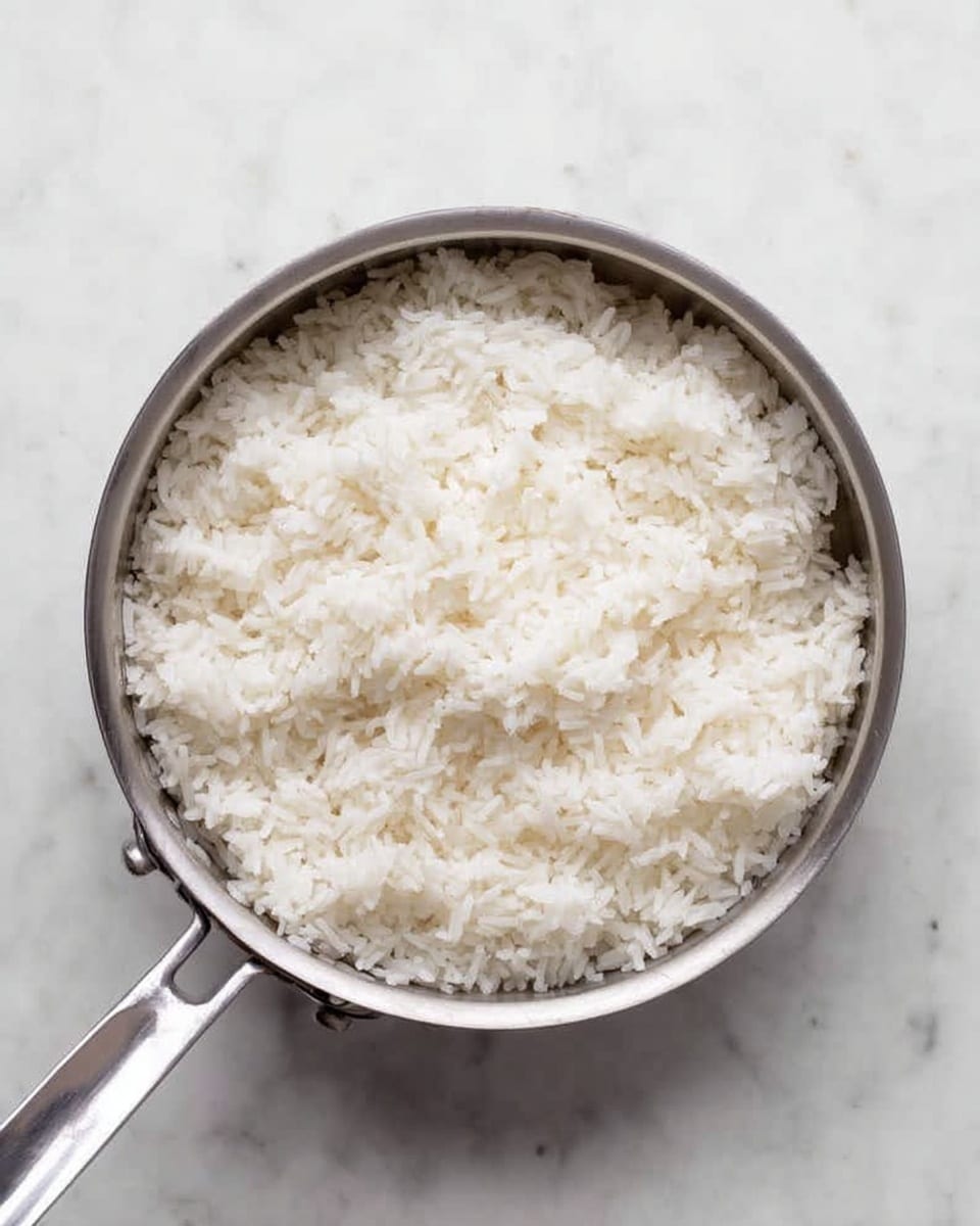 The image shows a silver pan filled with cooked white rice. The rice is fluffy and spread evenly throughout the pan, with a soft, grainy texture. The pan has a simple metal handle extending to the left side. The background surface is white with a marbled texture, providing a clean and bright setting. The overall color palette is neutral with mainly white and silver tones, highlighting the texture of the rice. photo taken with an iphone --ar 4:5 --v 7