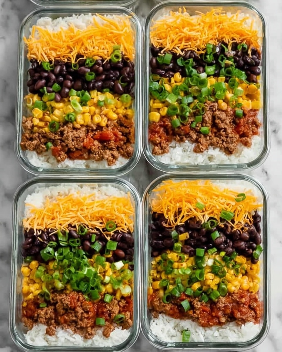 There are four clear rectangular glass meal prep containers arranged in a 2 by 2 grid on a white marbled surface. Each container has five distinct horizontal layers. The bottom layer is white rice covering the entire base. Above the rice is a bright orange layer of shredded cheddar cheese. Next is a brown layer of cooked ground meat evenly spread. Above the meat is a yellow layer of corn kernels. The top layer is black beans, filling the remaining space. All layers are neatly separated, and chopped green onions are sprinkled on top, adding a fresh green color. Photo taken with an iphone --ar 4:5 --v 7