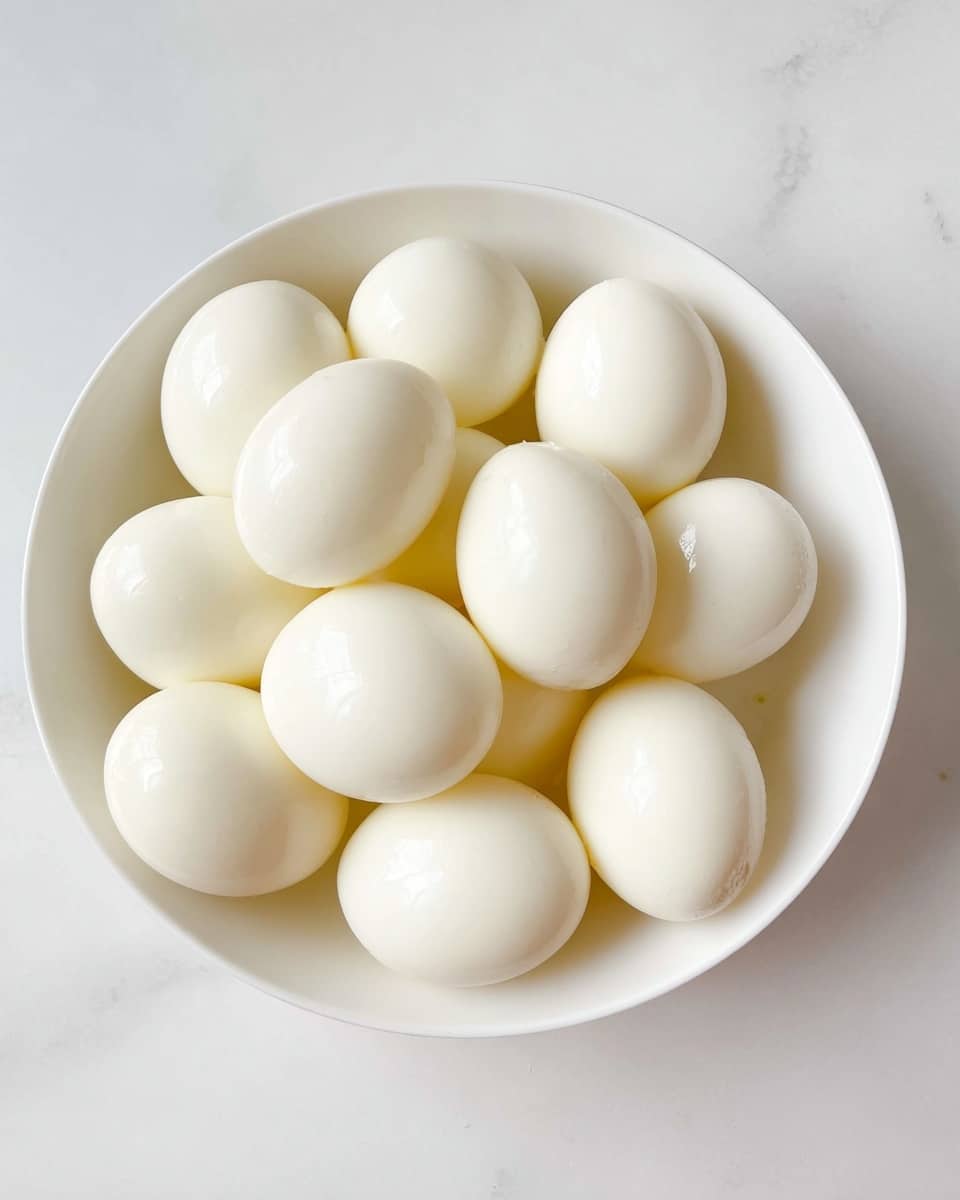 A white bowl filled with twelve peeled boiled eggs, all smooth and shiny with a bright white color, closely packed in the bowl showing their oval shapes. The bowl is set on a white marbled surface, giving a clean and simple look with soft natural light highlighting the eggs' smooth textures photo taken with an iphone --ar 4:5 --v 7