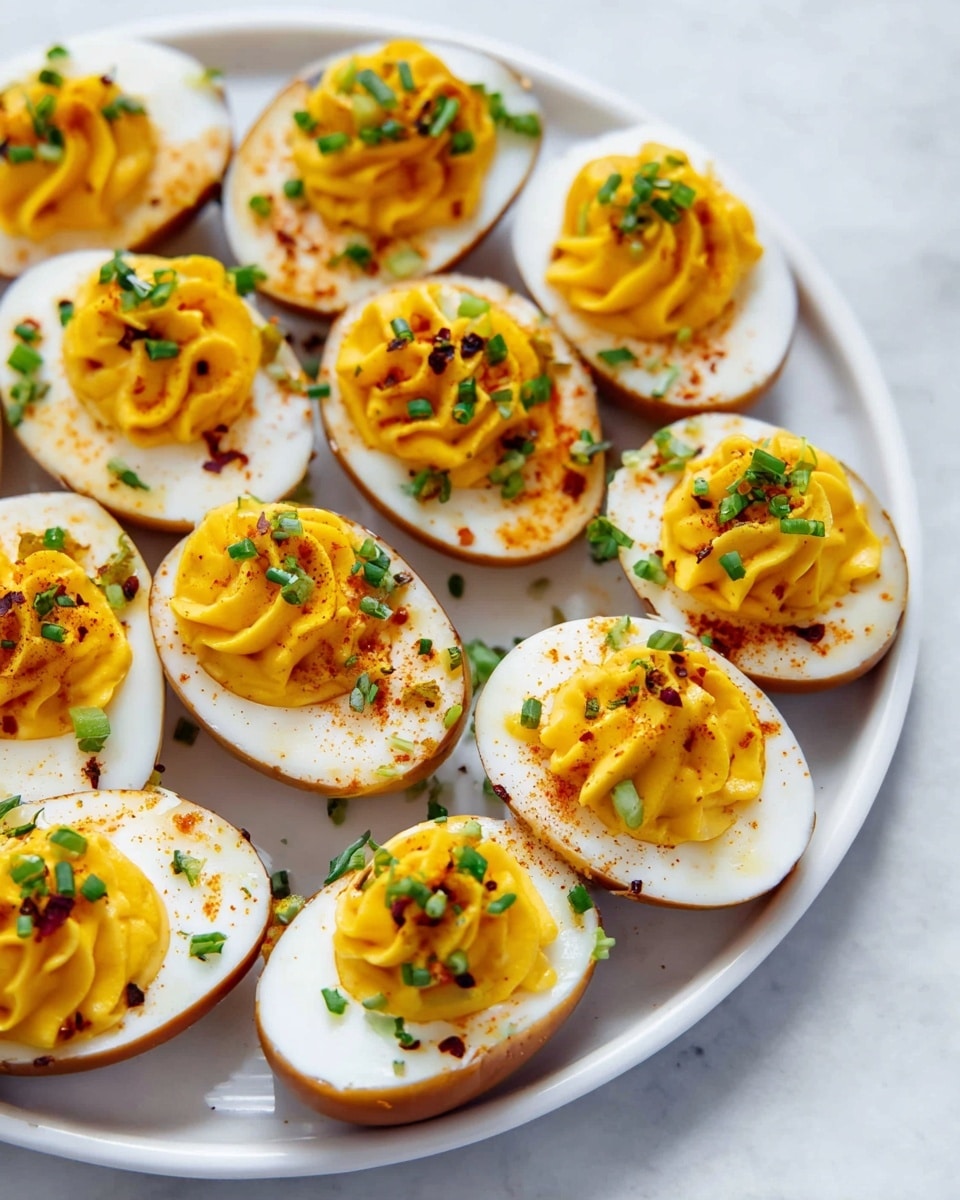 A white plate holds many halved eggs arranged closely together. Each egg has three layers: the outer brownish shell, then a thick white layer of egg white, and on top a piped swirl of bright yellow yolk mixture with a smooth and creamy texture. The yolk is sprinkled with finely chopped green herbs and tiny bits of red spice, adding contrast. The eggs are placed on a white marbled surface with soft natural light highlighting the yellow and green details. photo taken with an iphone --ar 4:5 --v 7