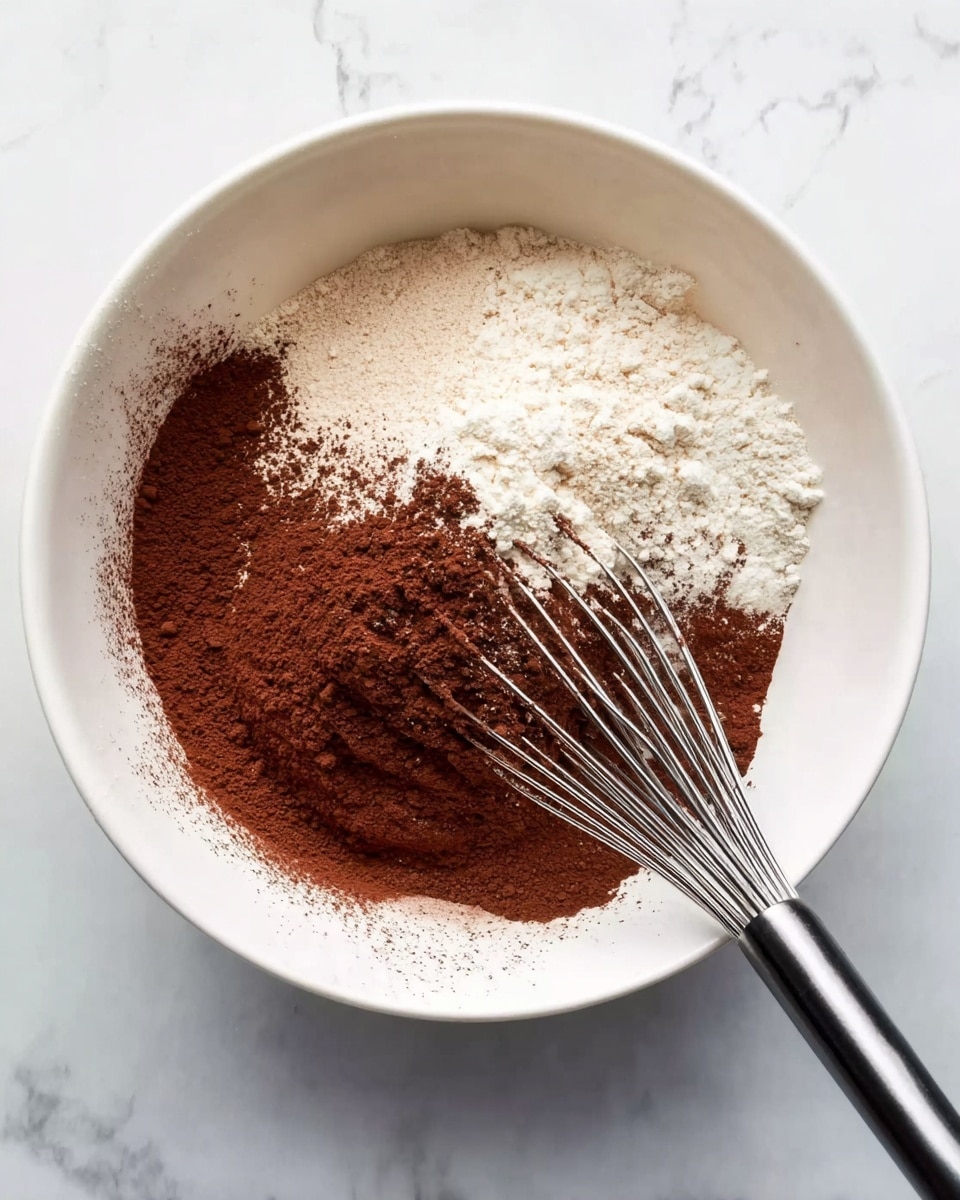 A white bowl sits on a white marbled surface, filled with three main dry layers. The largest layer is light beige flour spread on one side, next to a smaller pile of white baking powder, and a deep brown cocoa powder covering nearly half the bowl on the other side. A metal whisk with a black handle rests on the cocoa powder side, creating light cracks in the cocoa layer. The bowl's interior rim shows light splashes of cocoa powder. photo taken with an iphone --ar 4:5 --v 7