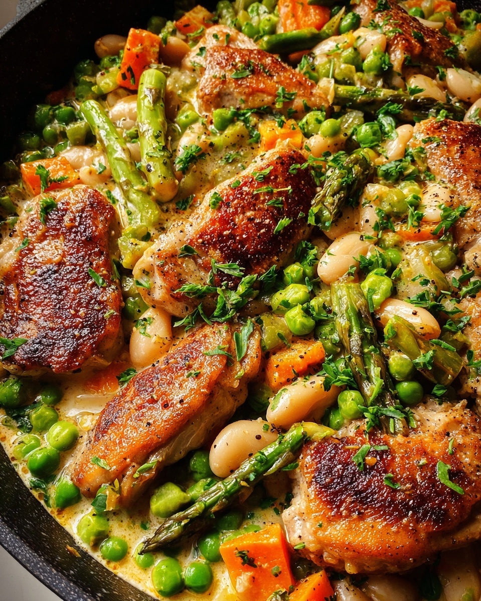The dish shows large pieces of golden brown chicken on a base of white beans, small green peas, chopped bright orange carrots, and green asparagus tips. The ingredients are mixed with a creamy sauce and sprinkled with fresh chopped green herbs and black pepper. The dish is cooked in a shallow black pan with a white marbled texture background. photo taken with an iphone --ar 4:5 --v 7