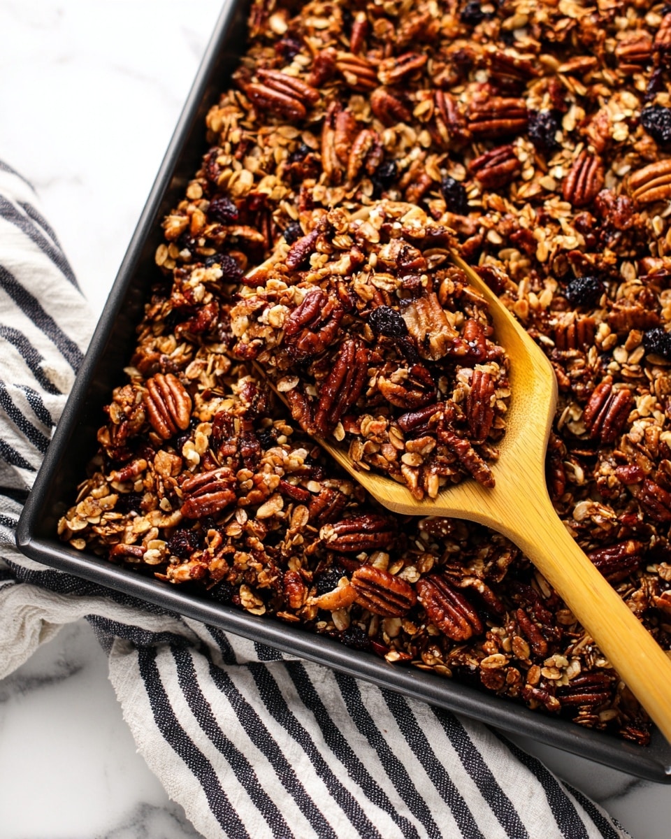 A close-up view of a black baking tray filled with toasted granola made of pecans, walnuts, oats, seeds, and small dark dried berries, all mixed together with a shiny golden glaze. The granola has rich brown, tan, and dark purple colors with a crunchy texture. A wooden spoon with a yellow handle is partially inside the tray, scooping the granola. The tray sits on a white cloth with black stripes and is set on a white marbled surface. photo taken with an iphone --ar 4:5 --v 7