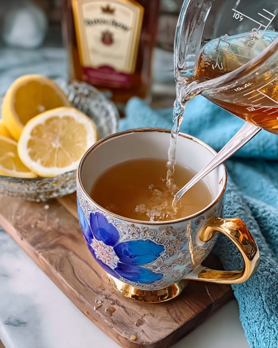 A close-up image shows a multicolored cup with blue flower patterns and a gold handle filled halfway with light brown tea. A silver spoon is inside the cup resting on the right side. A clear measuring cup with water is pouring liquid into the tea from the left, and a wooden board underneath holds a bottle of Crown Royal whiskey in the background. A small glass bowl with lemon slices sits to the left on a white marbled surface, and a soft blue cloth is arranged on the right. photo taken with an iphone --ar 4:5 --v 7