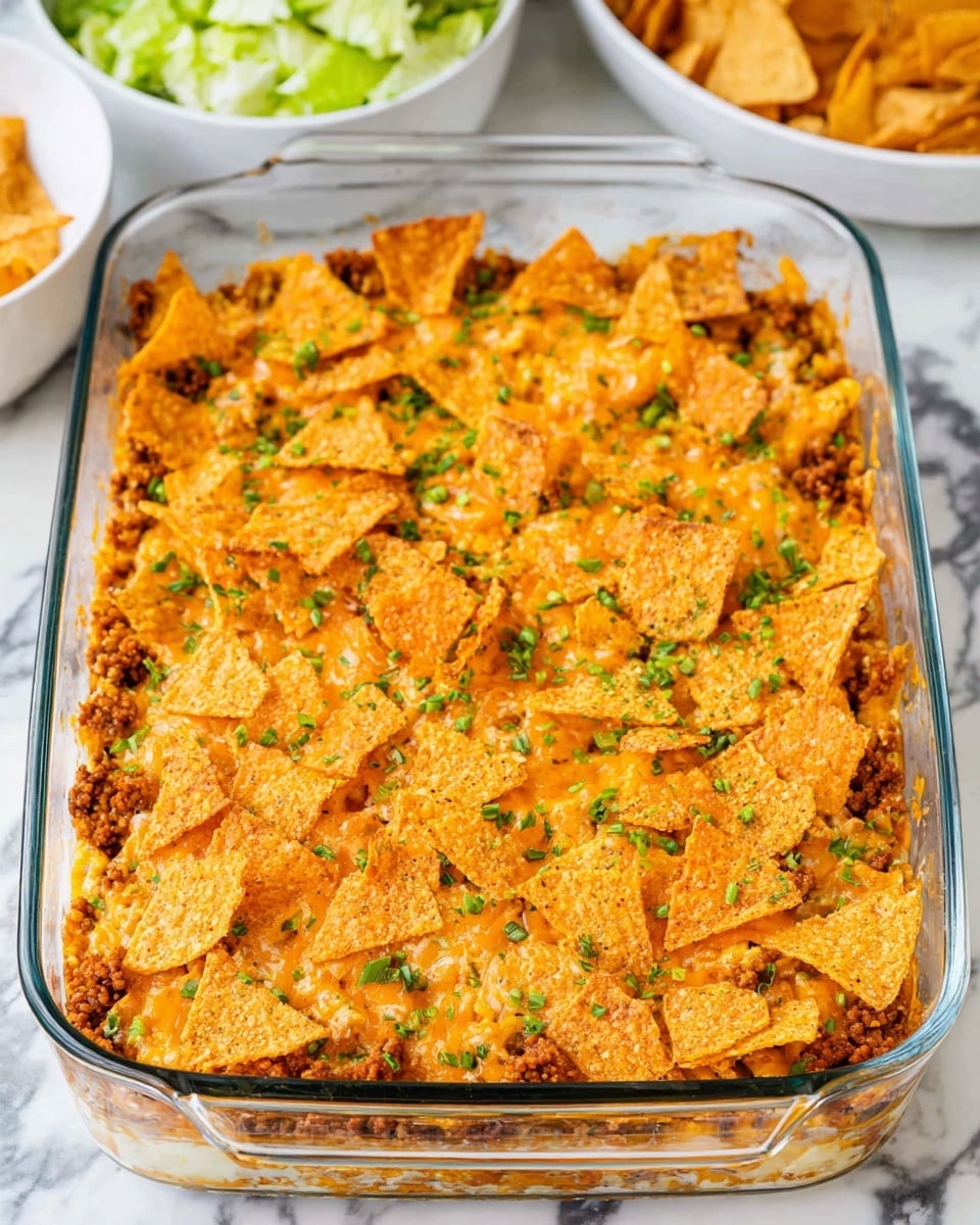 A clear glass baking dish filled with a layered casserole starting with a base that is hidden but topped with a layer of melted cheese mixed with crispy bits and ground meat. On top, there is a thick layer of crushed and whole bright orange tortilla chips sprinkled with small green chopped herbs. The dish sits on a white marbled surface, with part of a white bowl of green lettuce and a white bowl of tortilla chips visible nearby. The overall look is warm, crunchy, and colorful with a mix of orange and green tones photo taken with an iphone --ar 4:5 --v 7