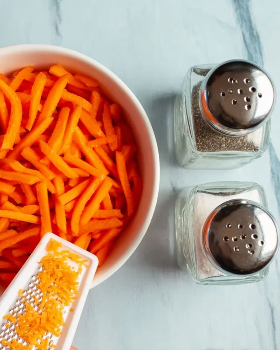 The image shows a white bowl filled with small thin orange carrot sticks placed on a white marbled surface. To the right of the bowl, there are two clear glass shakers with silver tops, one filled with black pepper and the other with salt. On the lower left side of the image, a woman's hand holds a white plastic grater over the bowl with some small orange carrot pieces on the grater. The background is a pale blue color which contrasts with the white marbled surface. photo taken with an iphone --ar 4:5 --v 7