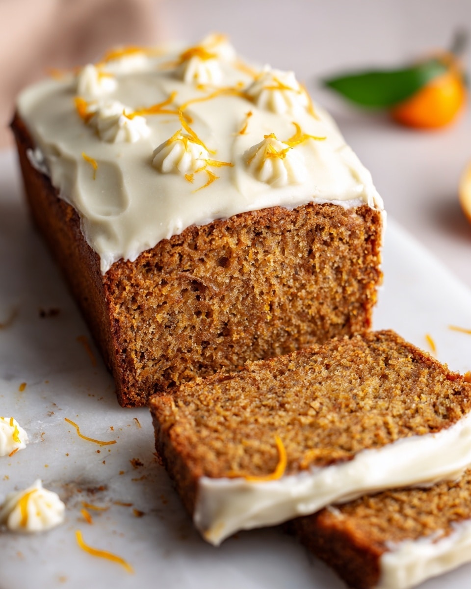 The image shows a loaf cake with two thick slices cut from it, all resting on a white marbled surface. The cake has a rough, moist texture with a brown color, indicating spices or whole grains inside. There is one layer of white frosting spread thickly between the two slices and also covering the top of the loaf. The frosting looks creamy and smooth, with a slightly shiny finish. Thin orange zest strings and small white dollops of frosting decorate the top, adding color contrast. The background is soft and blurred, featuring a touch of orange and green, possibly from a decoration or a leaf. Photo taken with an iphone --ar 4:5 --v 7