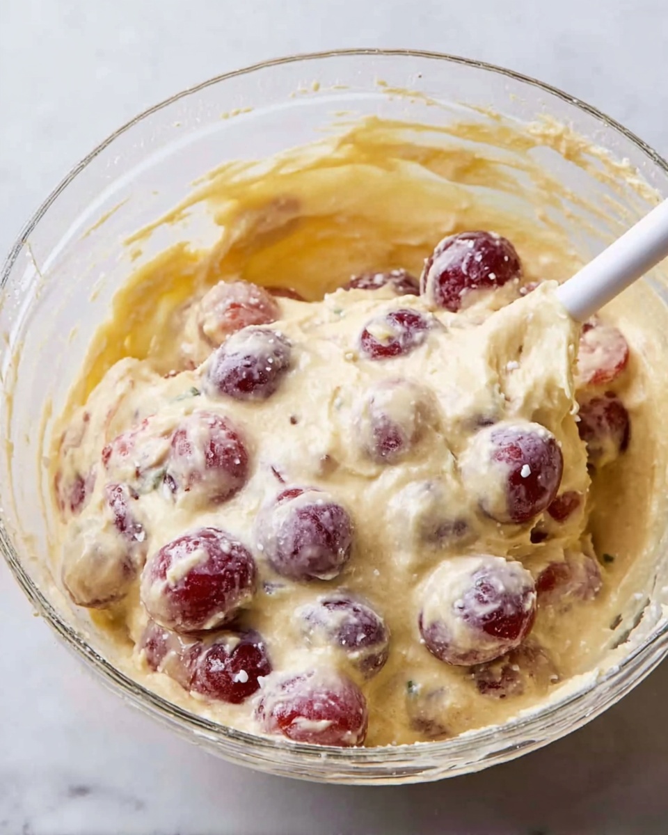 A clear glass bowl filled with a creamy, pale yellow batter mixed with plump red and purple grapes partially covered in batter. A white spatula is partially buried in the batter, lifting some of it mixed with grapes. The texture looks soft and thick with visible bits of grapes throughout. The bowl sits on a white marbled surface. photo taken with an iphone --ar 4:5 --v 7