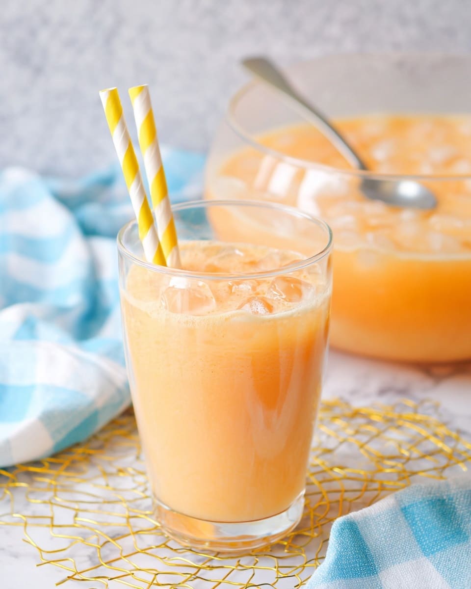A clear glass filled with a light orange frothy drink topped with small ice pieces, with two yellow and white striped paper straws sticking out from the top, sits on a white marbled surface with a blue and white checkered cloth and a golden wire mat underneath. In the background, a large clear bowl filled with the same light orange drink is partially visible with a silver spoon inside. The scene is bright and clean with soft natural lighting. photo taken with an iphone --ar 4:5 --v 7