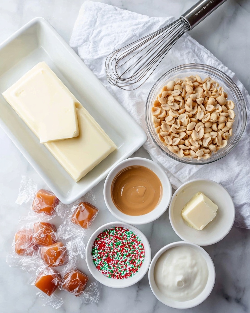 A white tray contains a block of creamy white chocolate on the left side, next to a metal whisk lying on a white cloth. To the right, there is a clear glass bowl full of light brown peanuts. Below the tray and bowl, there are four small white bowls arranged loosely: one with light brown caramel sauce, one with cream, one with a pat of butter, and one with red, green, and white round sprinkles. Several individually wrapped caramel candies are scattered around the bottom left corner on a white marbled surface. photo taken with an iphone --ar 4:5 --v 7