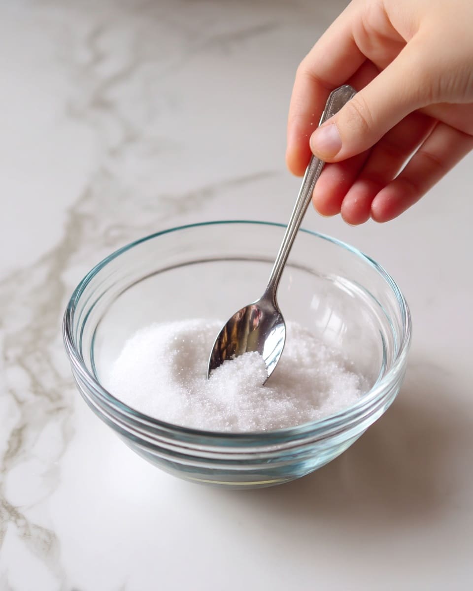 A clear glass bowl is filled with a white granular powder, likely sugar or salt, with a small silver spoon resting inside it. A woman's hand is holding the silver spoon, stirring or scooping the powder gently. The bowl is placed on a white marbled surface, and the light reflects softly on the granules and the glass edges, giving a clean and simple look. photo taken with an iphone --ar 4:5 --v 7