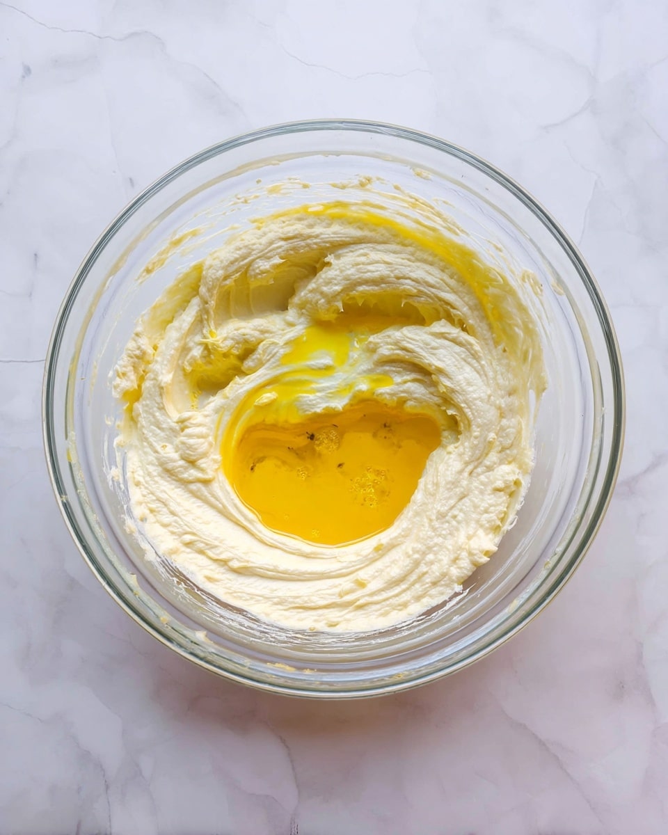 A clear glass bowl sits on a white marbled surface, filled with a thick, creamy, pale yellow mixture. In the center of this mixture is a bright yellow liquid that appears to be freshly added and not yet mixed in. The texture around the edges of the bowl looks smooth and soft, with swirls showing the lightness of the whipped mixture. The bowl shows some of the mixture lightly smeared around its sides. photo taken with an iphone --ar 4:5 --v 7