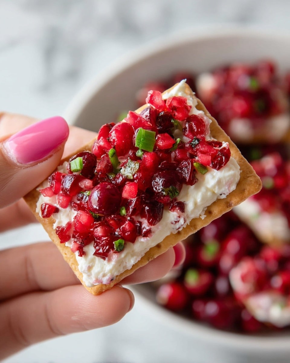 A close-up image shows a woman's hand with pink nail polish holding a thin rectangular cracker. On top of the cracker, there are three layers visible: the bottom layer is the light brown, smooth cracker; the middle layer is a thick spread of white creamy cheese; the top layer is finely chopped bright red cranberries with bits of green herbs scattered throughout. The background shows a white bowl filled with more of the bright red chopped cranberry mix on a white marbled surface. photo taken with an iphone --ar 4:5 --v 7