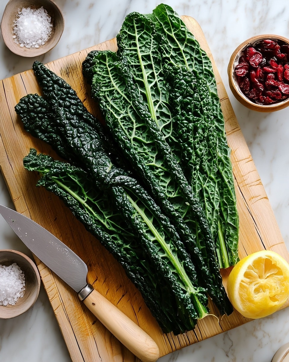 A bunch of dark green leafy kale with a bumpy texture is laid out on a light wood cutting board that shows natural grain and cuts. On the bottom left corner of the board is a knife with a light wooden handle and a silver blade. Around the board are three small bowls; one contains coarse white salt flakes on the top left, another has bright red dried cranberries on the bottom right, and a lemon half with its inside showing is near the top edge of the cutting board. The whole scene is set on a white marbled surface. Photo taken with an iphone --ar 4:5 --v 7