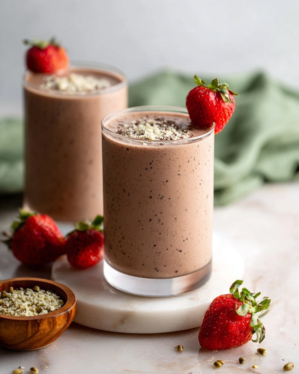 Two clear glasses filled with a light brown smoothie that has a thick, creamy texture and small dark specks throughout, topped with small bits of crushed nuts or seeds. Each glass is garnished on the rim with a whole, bright red strawberry with green leaves. There are additional strawberries scattered around on a white marbled surface. A small wooden bowl with light green and beige seeds or nuts is placed in front, and a soft green cloth is blurry in the background. The photo taken with an iphone --ar 4:5 --v 7