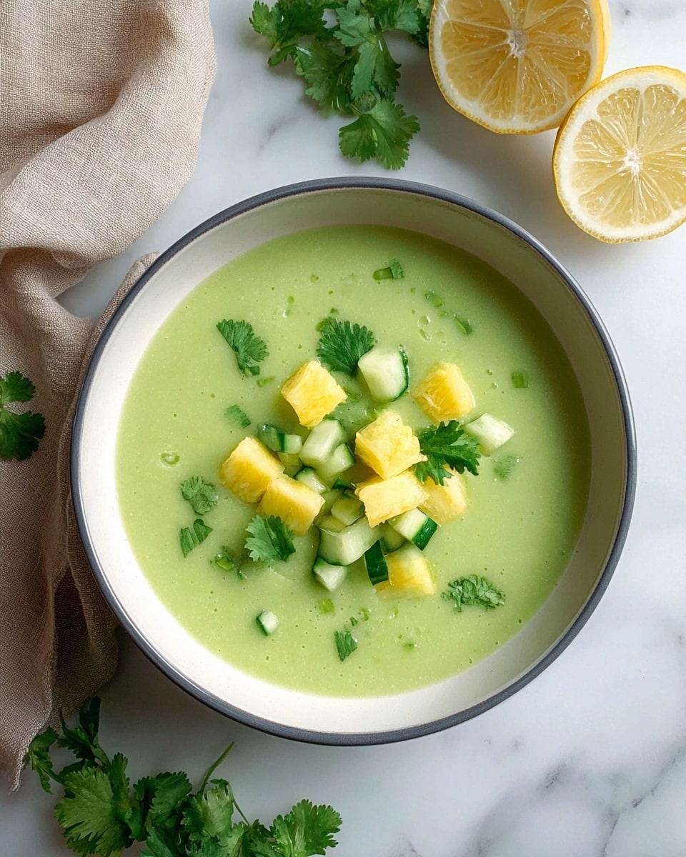 A white bowl with a gray rim holds a smooth, light green soup that fills the bowl about three-quarters full. On top, there is a small pile of chopped pale yellow pineapple pieces mixed with small green cucumber cubes and fresh green cilantro leaves scattered over the surface. Around the bowl, there are cucumber slices on the left, sprigs of fresh cilantro, and a half lemon with a yellow rind and pale yellow inside on the top right. A soft, cream-colored cloth is draped on the right side, all set on a white marbled surface. Photo taken with an iphone --ar 4:5 --v 7
