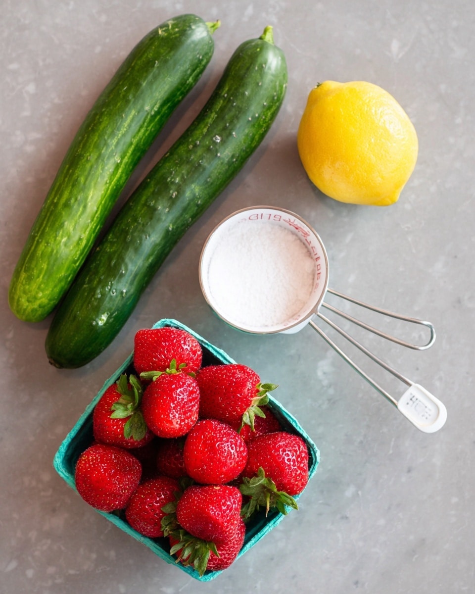 The image shows fresh ingredients on a white marbled surface, including two long green cucumbers and one yellow lemon positioned near the top left side. At the bottom right, there is a small white measuring cup filled with a white powdery substance. Next to it, a turquoise container holds many bright red strawberries with green leaves, creating vibrant color contrast. The arrangement is simple and clean, focusing on the fresh look and natural texture of the fruits and measuring cup. Photo taken with an iphone --ar 4:5 --v 7