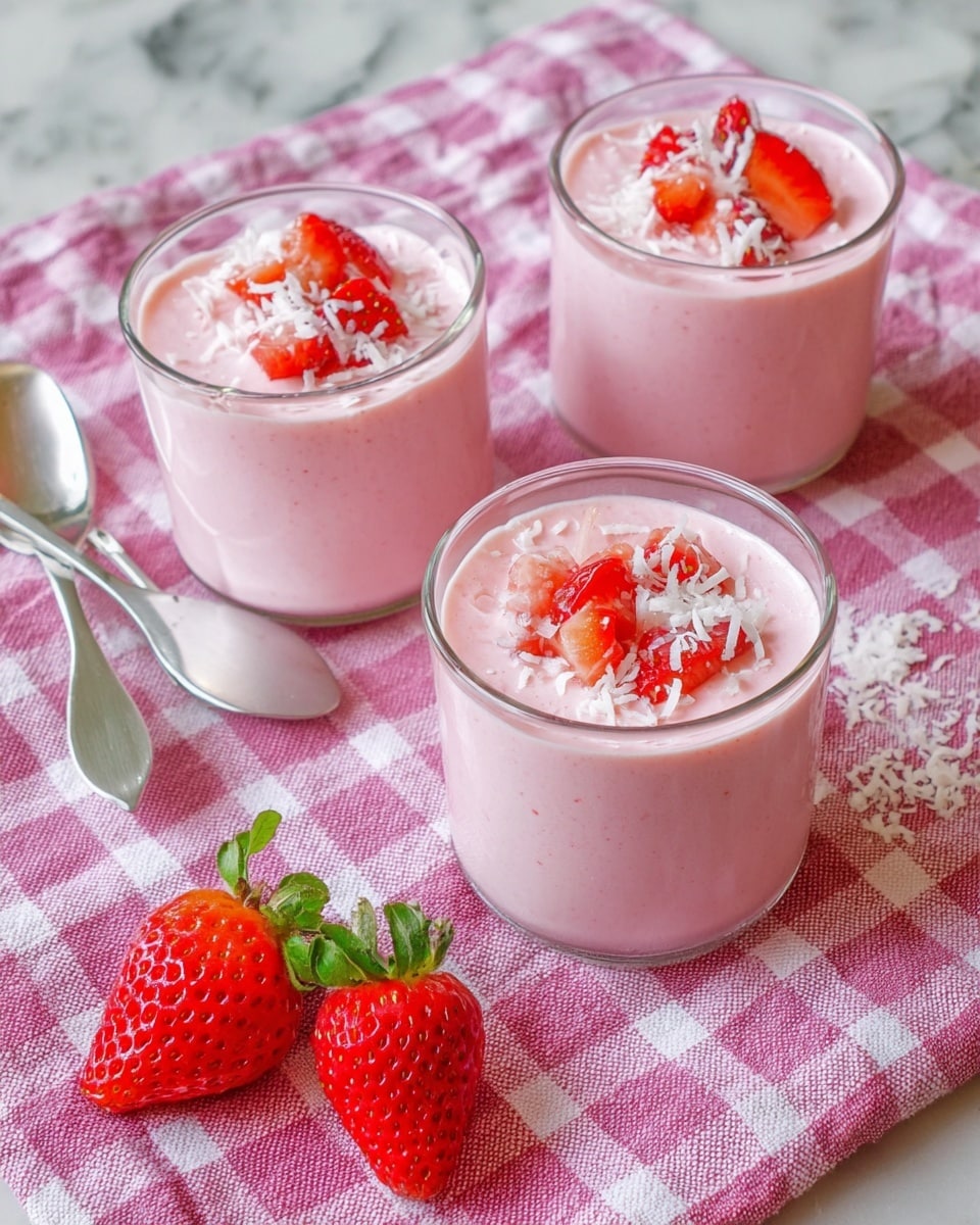Three small clear glasses filled with light pink creamy strawberry mousse are placed on a pink and white checkered cloth over a white marbled surface. Each mousse has small pieces of fresh red strawberries and white shredded coconut on top. Two fresh, whole strawberries with green leaves are placed near the bottom left glass. Two silver spoons with some scattered white coconut flakes are placed near the top right side of the cloth. The scene is well-lit and cozy. photo taken with an iphone --ar 4:5 --v 7