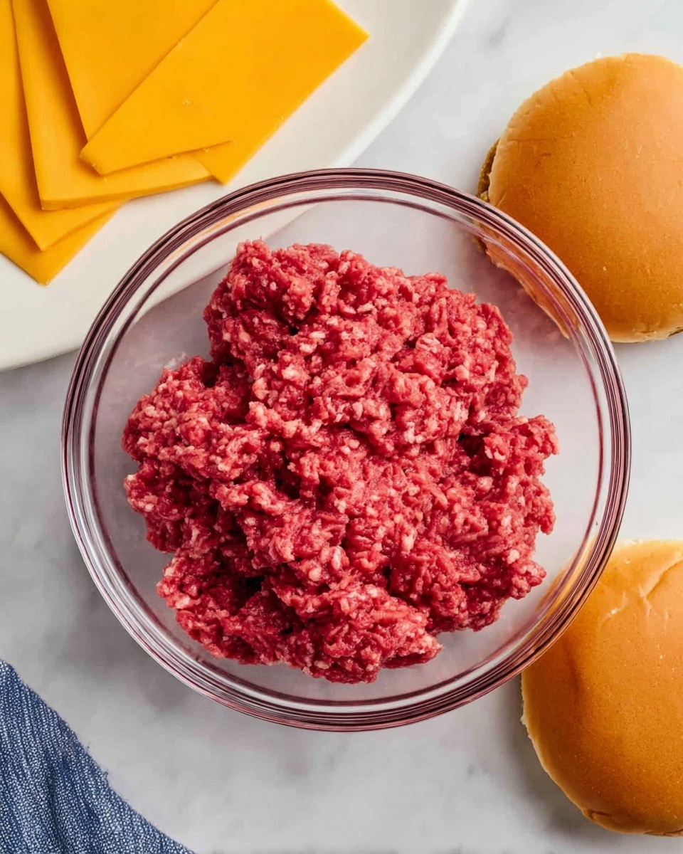 Juicy Bison Burgers Recipe 4 A clear glass bowl filled with bright red raw ground beef, showing a slightly chunky and moist texture. To the top left of the bowl are multiple overlapping slices of orange-yellow cheese arranged in a neat stack. To the right of the bowl, there are two smooth, golden brown burger buns neatly placed on a white plate. The whole scene sits on a white marbled surface with a glimpse of a blue and white cloth partially visible at the bottom left corner. Photo taken with an iphone --ar 4:5 --v 7