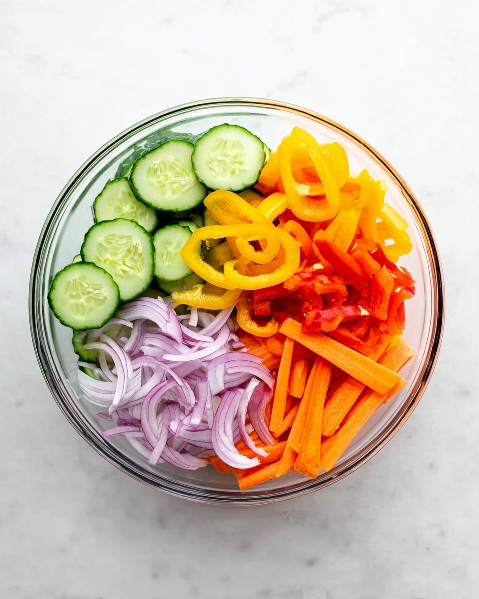 Viral Cucumber Pepper Salad Recipe 4 A clear glass bowl sits on a white marbled surface, filled with four neat sections of fresh sliced vegetables. On the top left are round green cucumber slices with visible seeds. To the right, slices of small bell peppers in bright yellow, orange, and red fill the space, showing their hollow centers. Below the cucumber are thin purple onion rings with a slightly translucent look. Finally, at the bottom center are long orange carrot strips with smooth edges. The vegetables are arranged cleanly, each color vibrant and fresh. Photo taken with an iphone --ar 4:5 --v 7