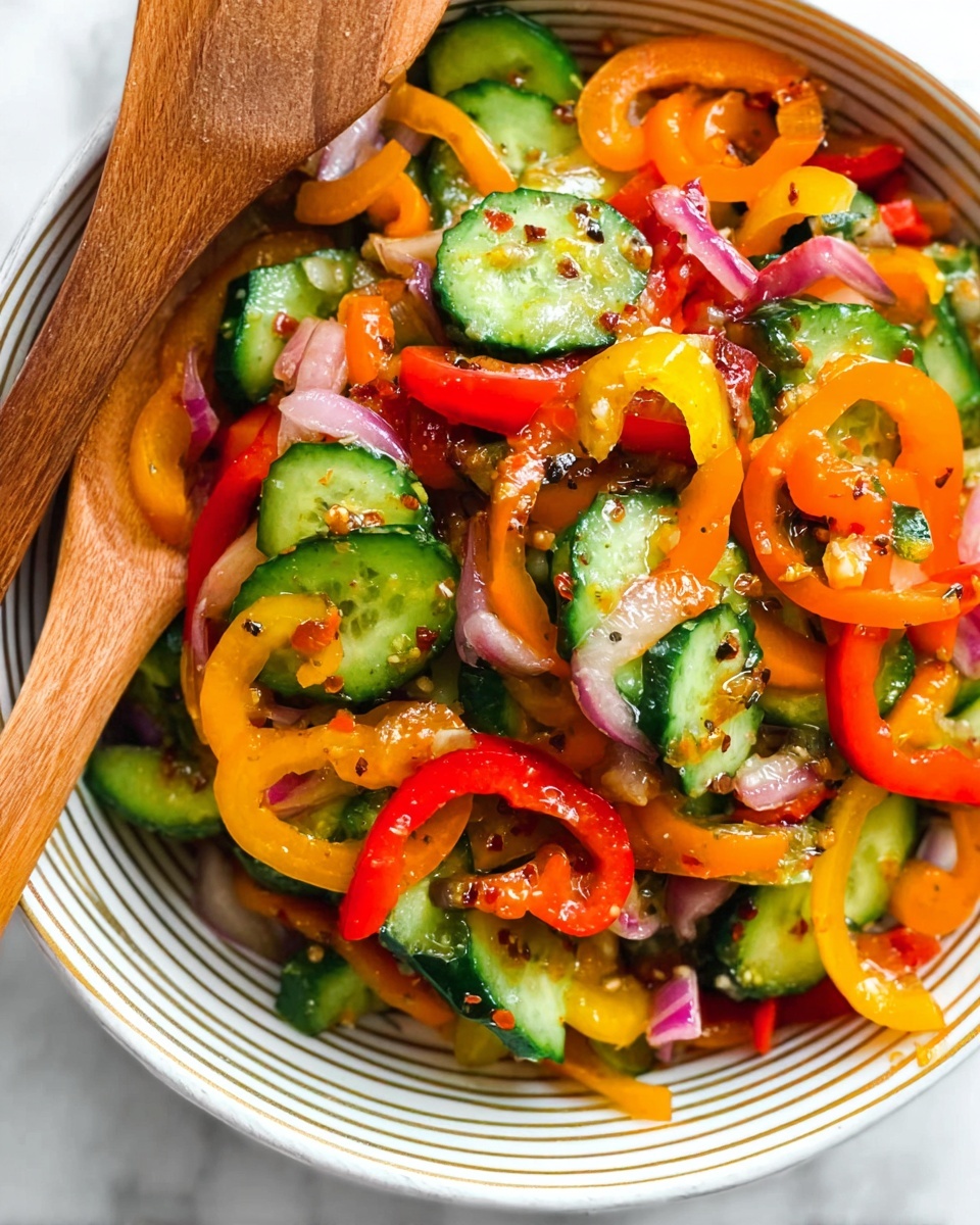 Viral Cucumber Pepper Salad Recipe 5 This image shows a colorful salad with round green cucumber slices and thin, curly strips of red, orange, and yellow bell peppers mixed with small pieces of red onion. The salad is in a white bowl with thin gold stripes and has a textured, glossy look with small bits of seasoning sprinkled throughout. Two wooden spoons rest on the left side, gathering some salad. The bowl sits on a white marbled surface. Photo taken with an iphone --ar 4:5 --v 7