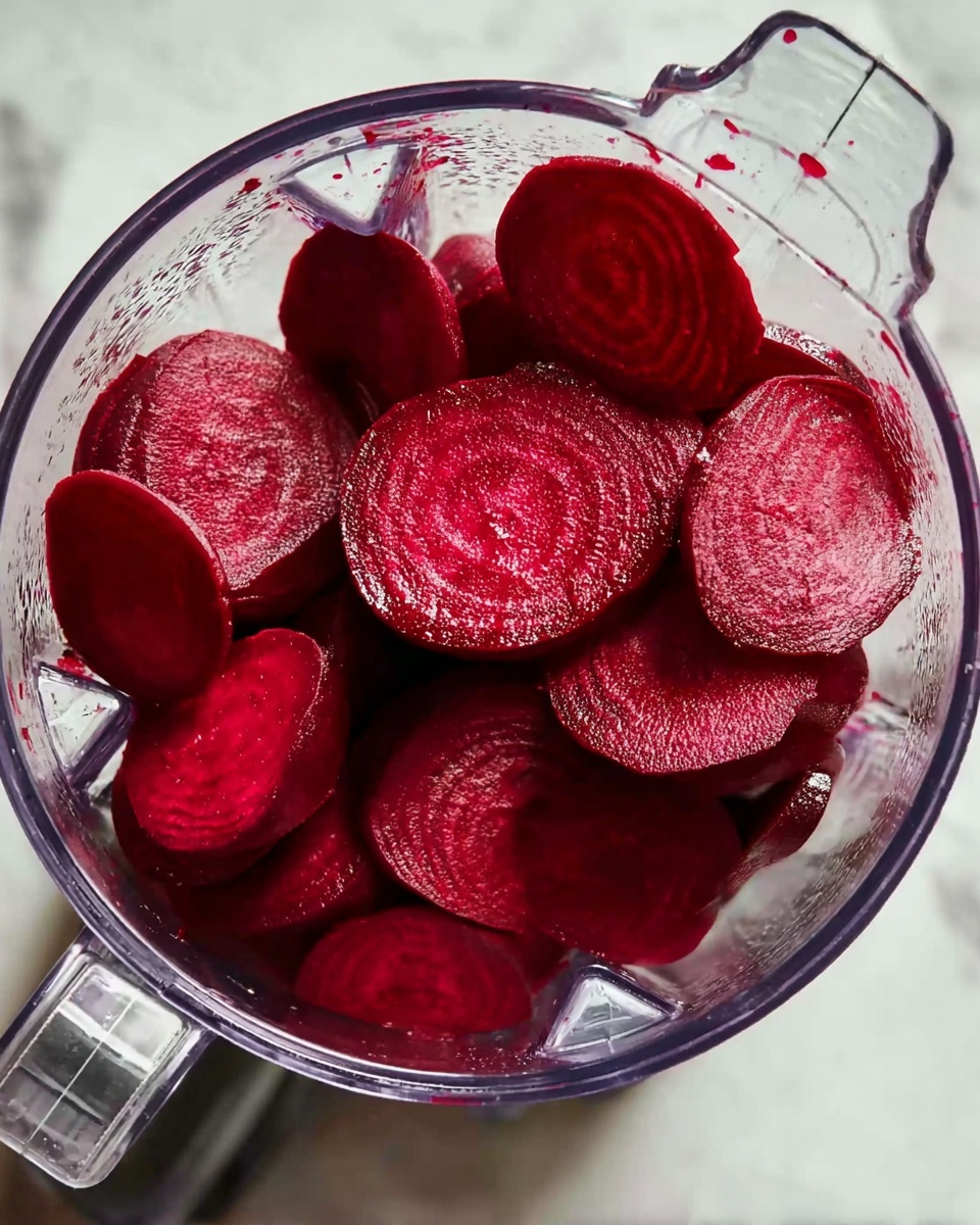 The image shows a top view of a blender filled with many thick, round slices of deep red beetroot. The beetroot slices are stacked unevenly inside the clear blender jar, with some overlapping and others lying flat. The texture of the beetroot is smooth with faint circular patterns visible on each slice. The blender is placed on a white marbled surface. Photo taken with an iphone --ar 4:5 --v 7