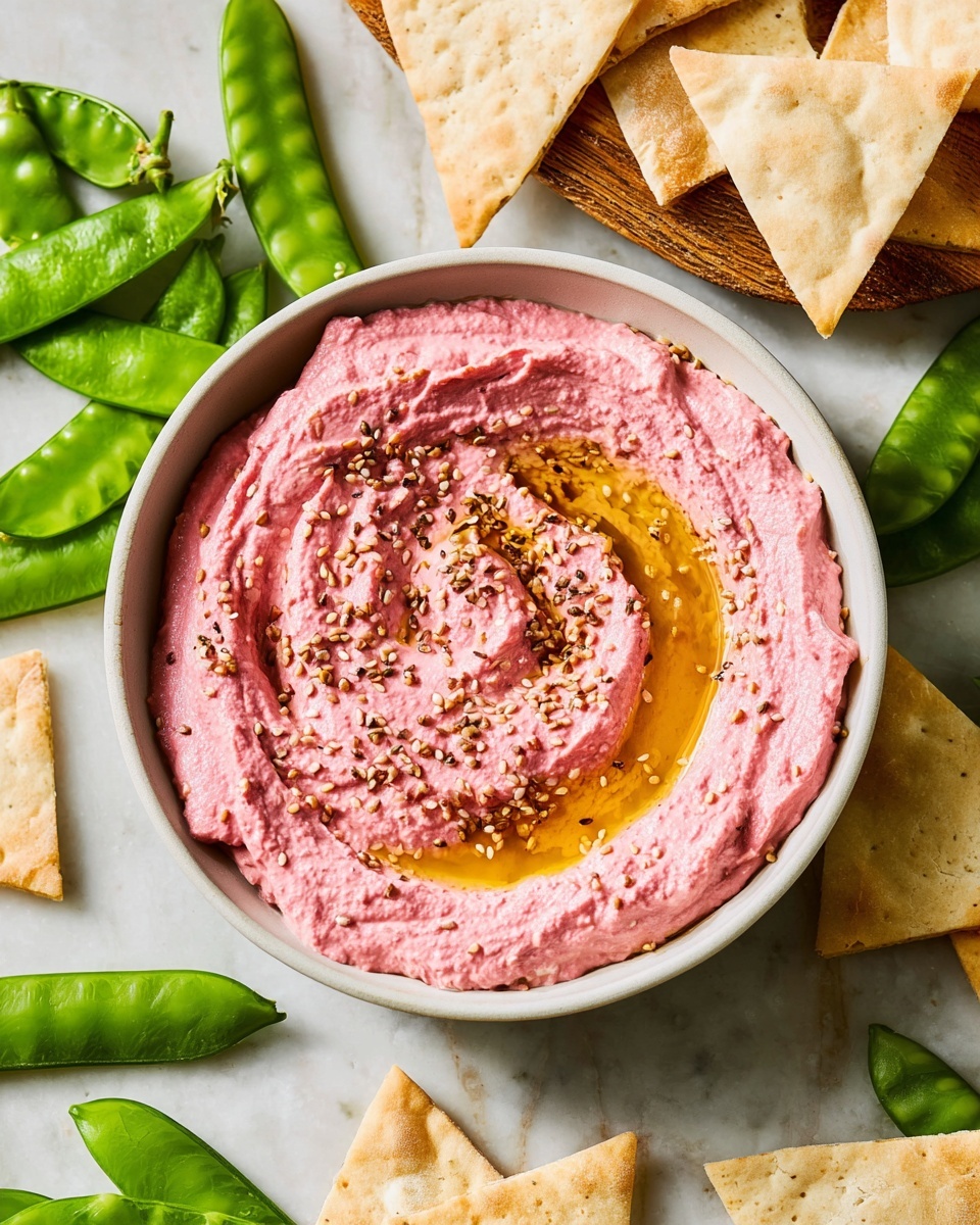 A creamy pink dip in a white bowl fills most of the image, swirled with a smooth texture and topped with a small pool of golden oil and sprinkled with sesame seeds and spices. Around the bowl, there are several light beige triangular pita chips, some resting on a wooden board, and some on a white marbled surface. Bright green pea pods, some open showing round peas, are scattered near the bowl and chips, adding fresh color contrast. The scene is bright and fresh, showing a tasty snack setup. photo taken with an iphone --ar 4:5 --v 7
