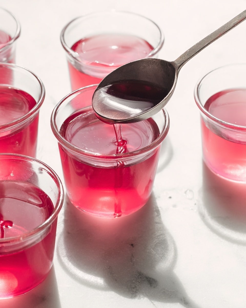 The image shows several small clear glass cups filled halfway with a bright pink jelly-like liquid. A large metal ladle, held above the cups, is pouring more of the same pink liquid into one of the cups. The cups are arranged closely together on a white marbled surface, with the liquid's shiny and smooth texture catching the light softly. The scene has a light, clean atmosphere with soft shadows. photo taken with an iphone --ar 4:5 --v 7