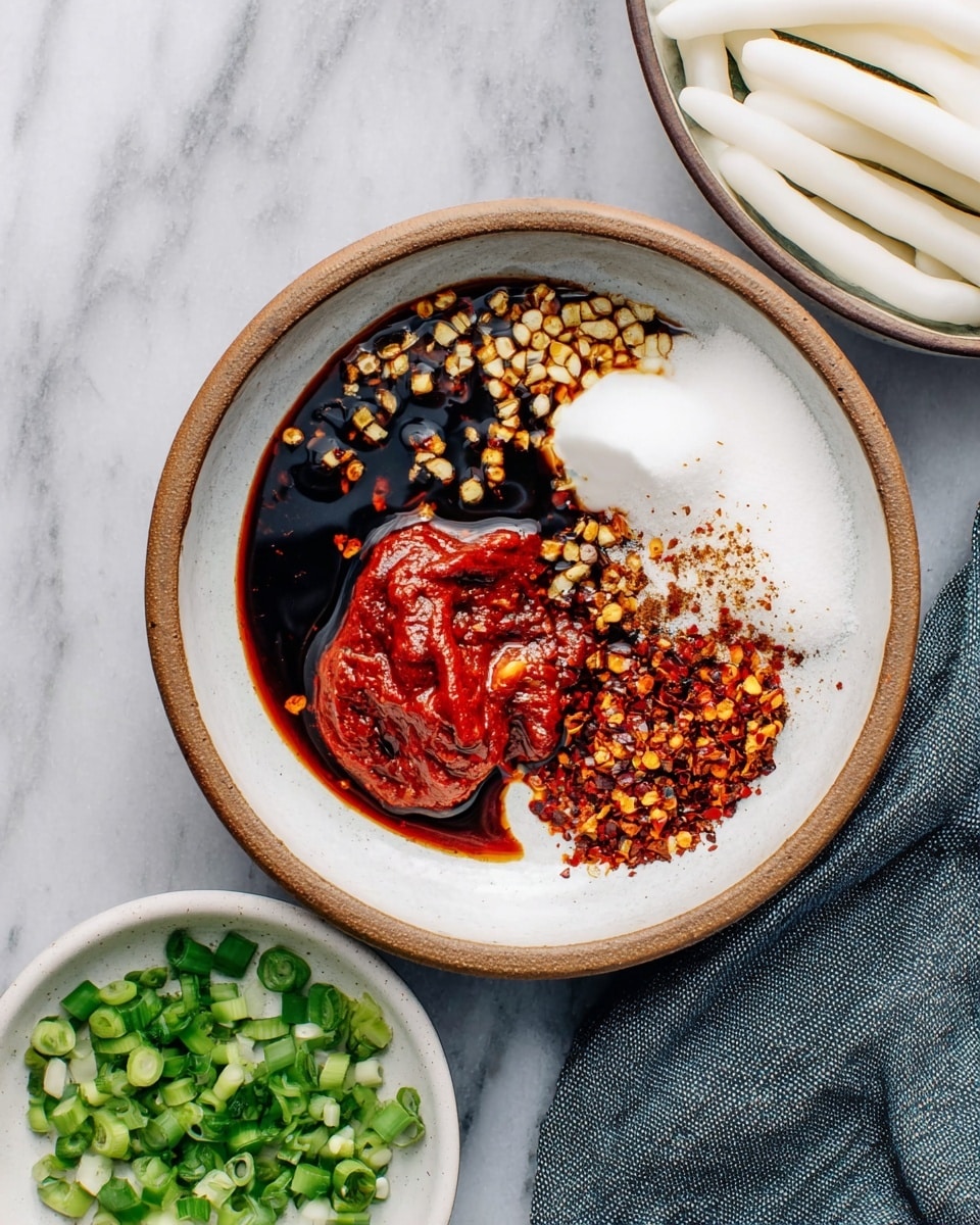 A white bowl with a rough brown rim holds five separated layers of ingredients: a dark soy sauce with small chopped garlic, a thick bright red paste with some small white bits on top, a white granulated layer resembling sugar or salt, a dark chili powder sprinkled with red chili flakes, and a dark brown slightly oily layer. Next to the bowl, there is a small white bowl filled with finely chopped green onions, and a white dish holding long white rice cakes. The setup is on a white marbled surface with a folded blue-gray cloth nearby. Photo taken with an iphone --ar 4:5 --v 7
