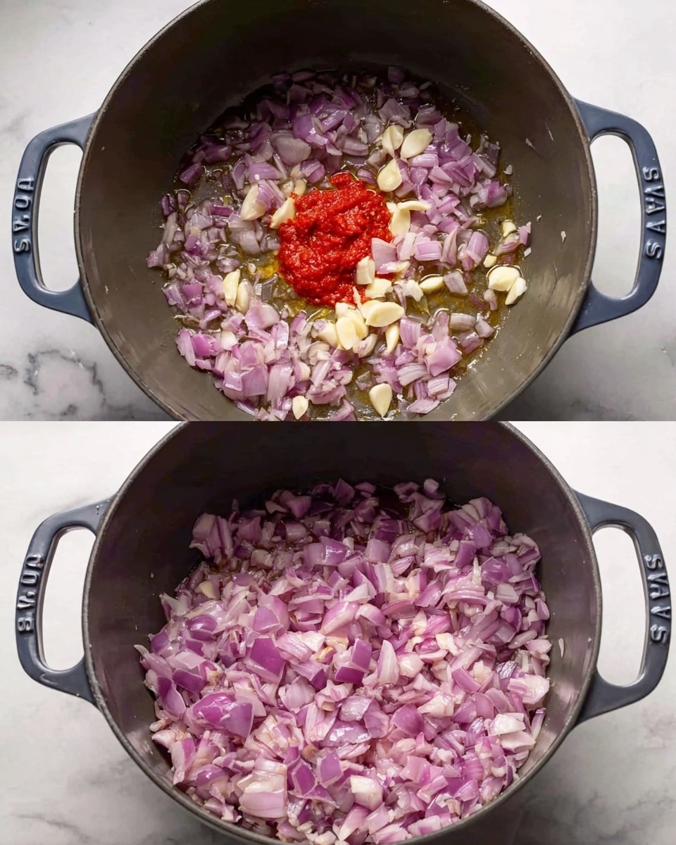 A grey Staub pot sits on a white marbled surface, shown in two stages of cooking. In the first stage, the pot is filled with chopped purple onions spread evenly, mixed with small pieces of garlic piled near the center, all sitting in oil with a shiny, slightly wet texture. In the second stage, the onions have cooked down and turned translucent with some light browning, and a dollop of bright red tomato paste sits in the middle of the softened mixture. The pot's two handles are visible and clean. Photo taken with an iphone --ar 4:5 --v 7