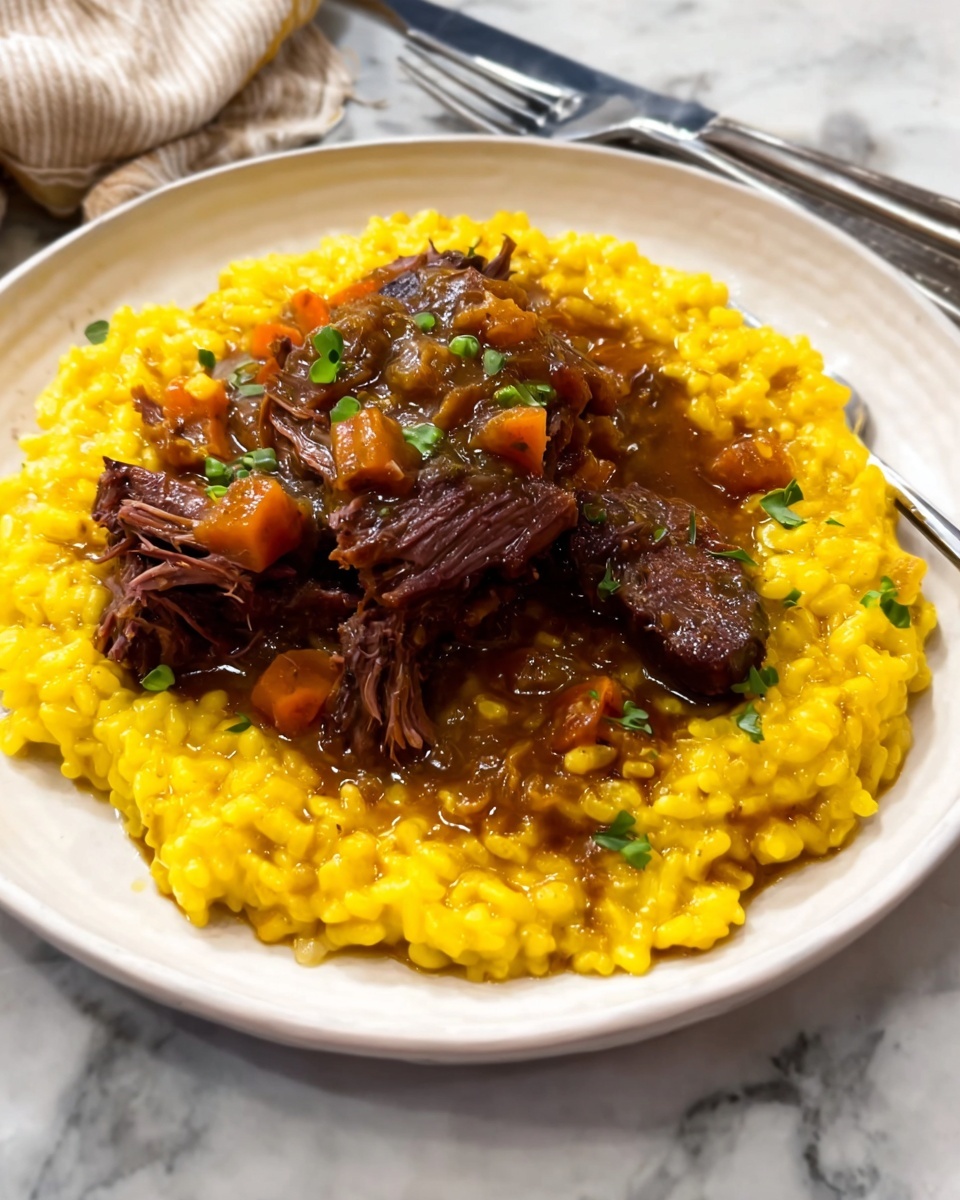 A white plate filled with a thick, creamy layer of bright yellow risotto spread evenly as the base. On top, there is a large piece of dark brown meat, shredded in the middle showing its soft texture. The meat is covered with a chunky brown sauce that has small diced vegetables inside. The plate is on a white marbled surface with a fork and knife visible in the background. photo taken with an iphone --ar 4:5 --v 7