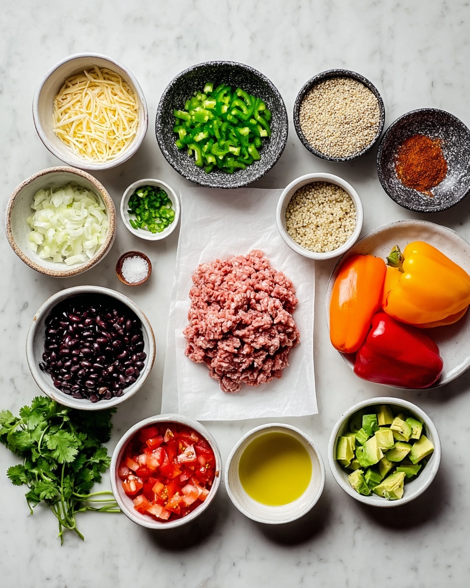 A flat lay of cooking ingredients arranged neatly on a white marbled surface includes a central portion of raw ground meat placed on white parchment paper. Around it, there are twelve small white and speckled bowls with various ingredients: shredded cheese in a white bowl at the top left, chopped green peppers in a dark speckled bowl at the top center, finely chopped garlic in a small white bowl also near the top, cooked quinoa in a speckled bowl towards the top right, a reddish spice mix in a small white bowl at the upper right edge, finely chopped onions in a white bowl to the left of the meat, a bowl of black beans below the onions, diced avocado in a small bowl below the beans, chopped tomatoes in a white bowl next to avocado, a small bowl of yellow oil below the tomatoes, chopped green onions in a light green bowl near the bottom right, and a small black bowl of salt below the green onions. To the far right, a white bowl holds a mix of halved orange and red bell peppers. Fresh cilantro leaves are placed at the far left. Photo taken with an iphone --ar 4:5 --v 7